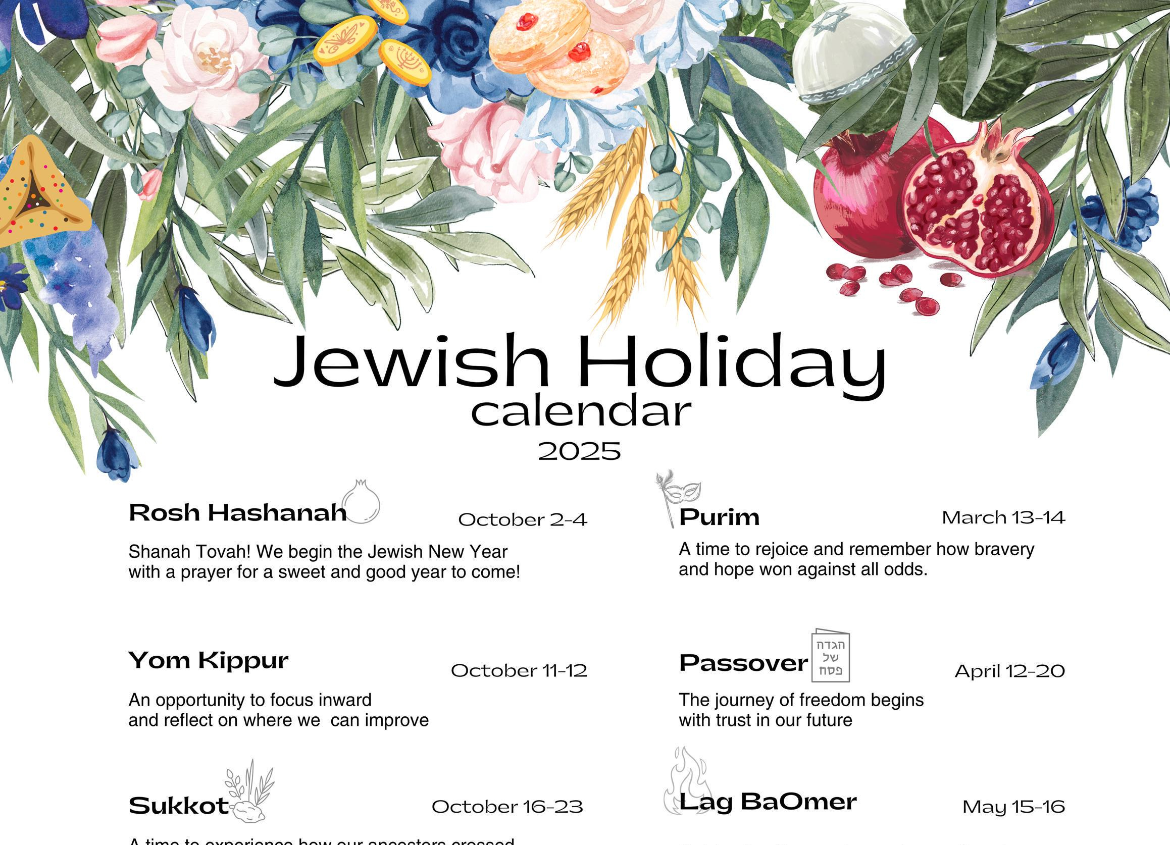 Jewish Holiday Calendar 2025 | Hebrew Calendar | Rosh Hashanah - 2025 Calendar with Jewish Holidays Printable