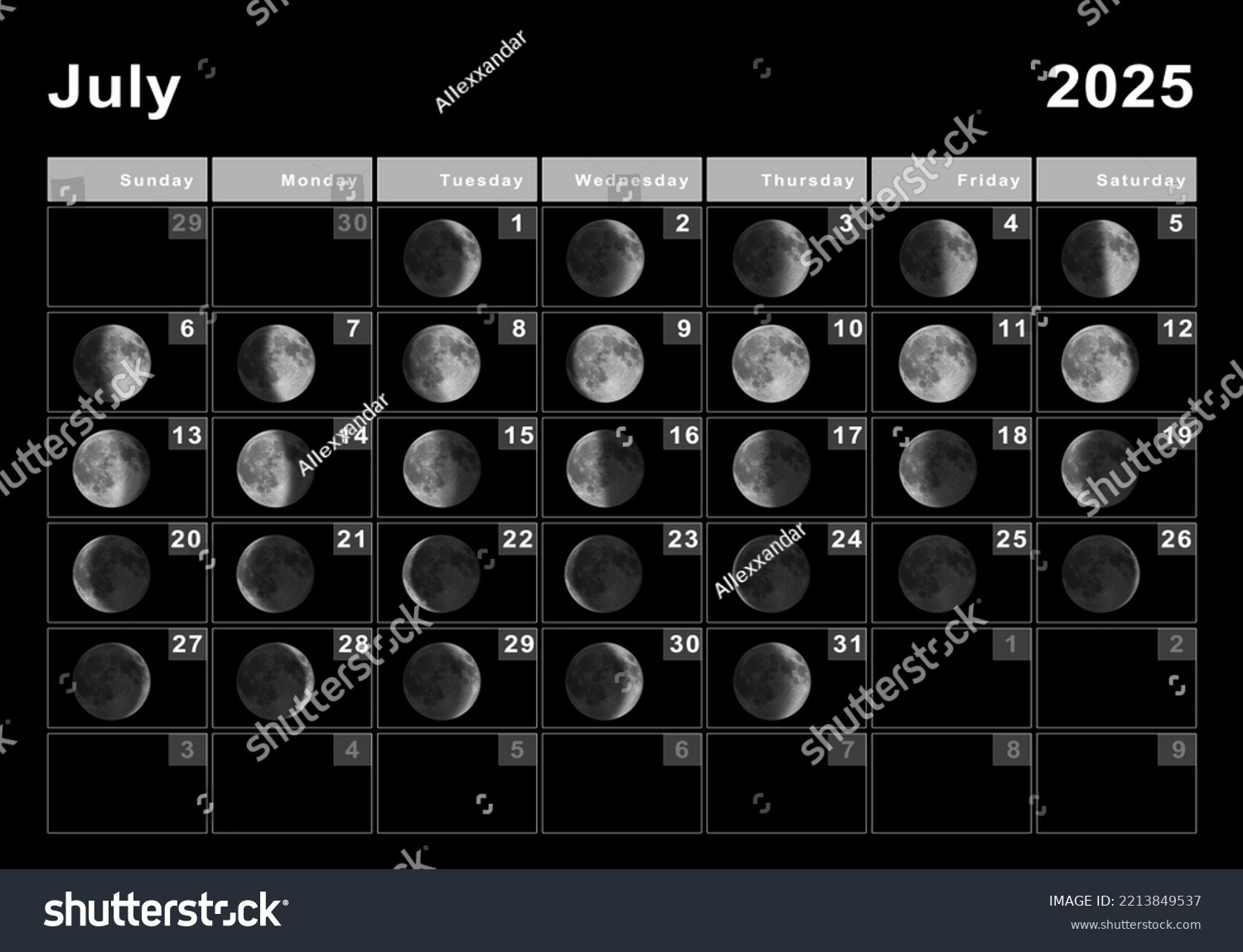 Juli 2025 Mondkalender, Mondzyklen, Mondphasen: Stockillustration - Full Moon Calendar For July 2025