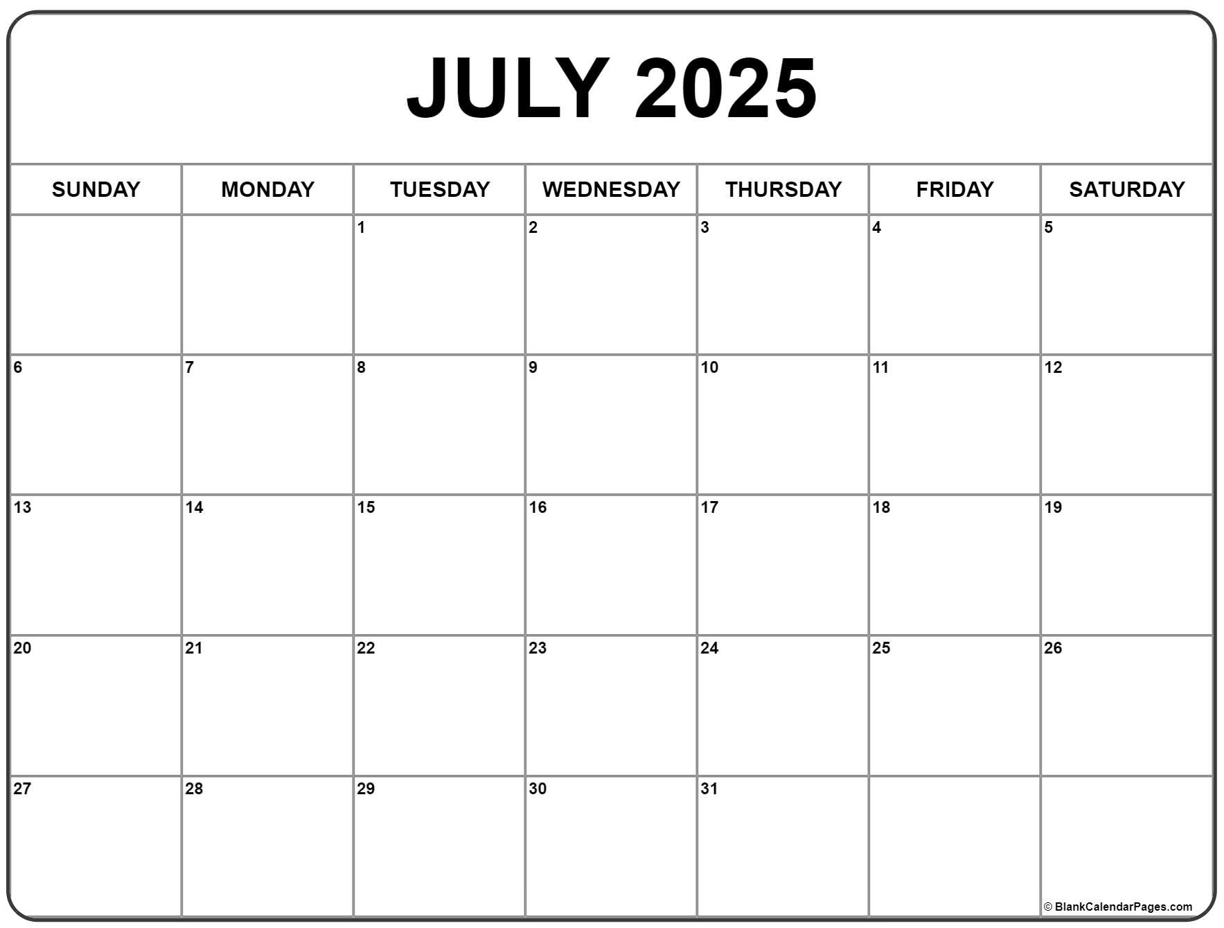 July 2025 Calendar | Free Printable Calendars - July 2025 Blank Calendar Printable Free