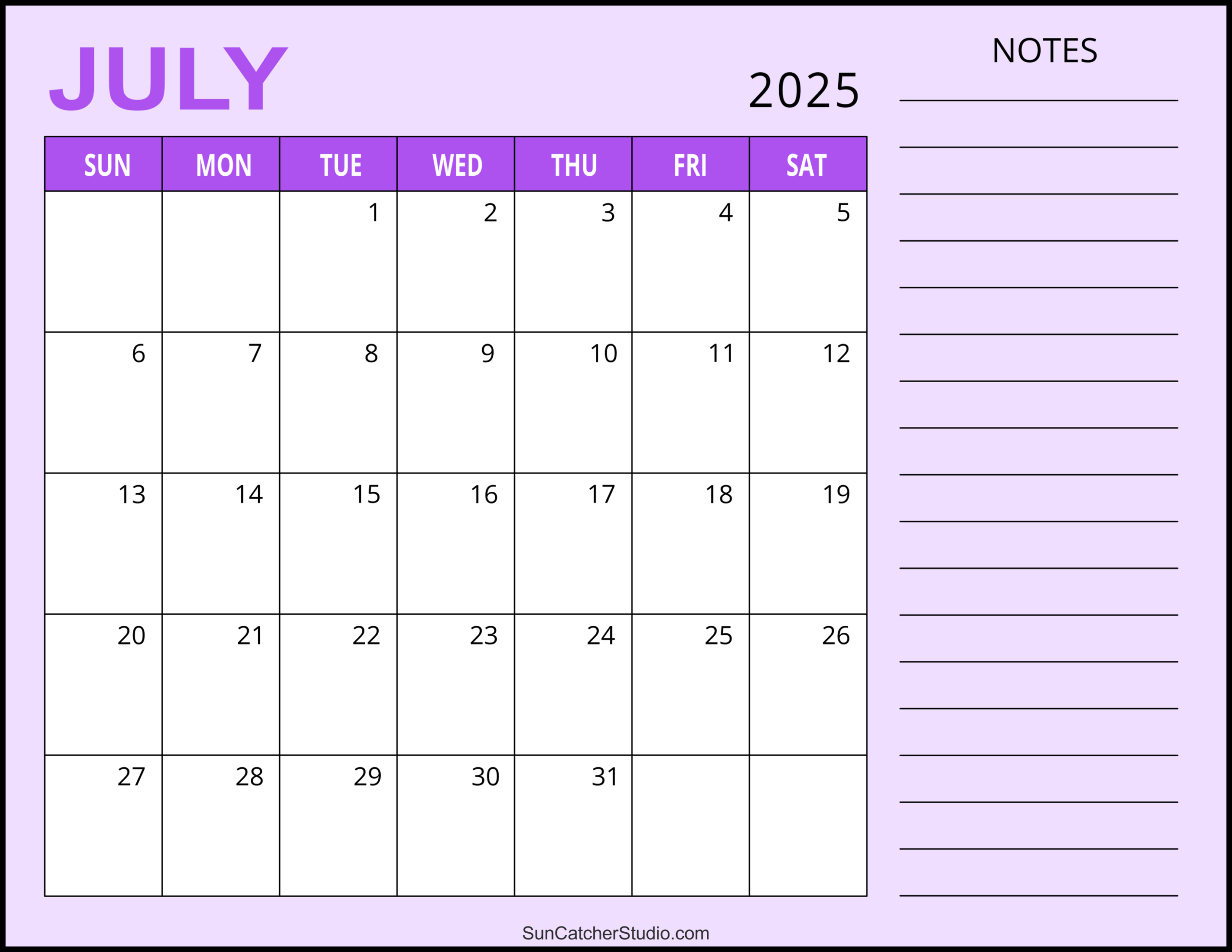 July 2025 Calendar (Free Printable) – Free Printables, Monograms - July 2025 Calendar with Notes Printable