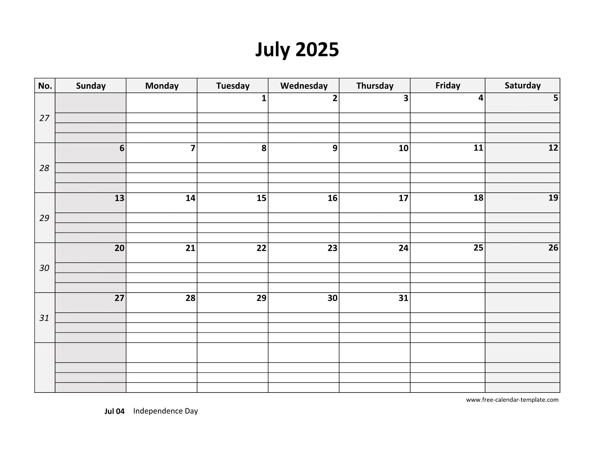 July 2025 Calendar Free Printable With Grid Lines Designed - Printable July Calendar 2025 With Lines
