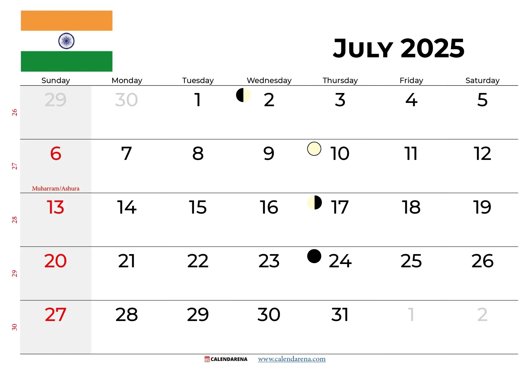 July 2025 Calendar India - July 2025 Holiday Calendar