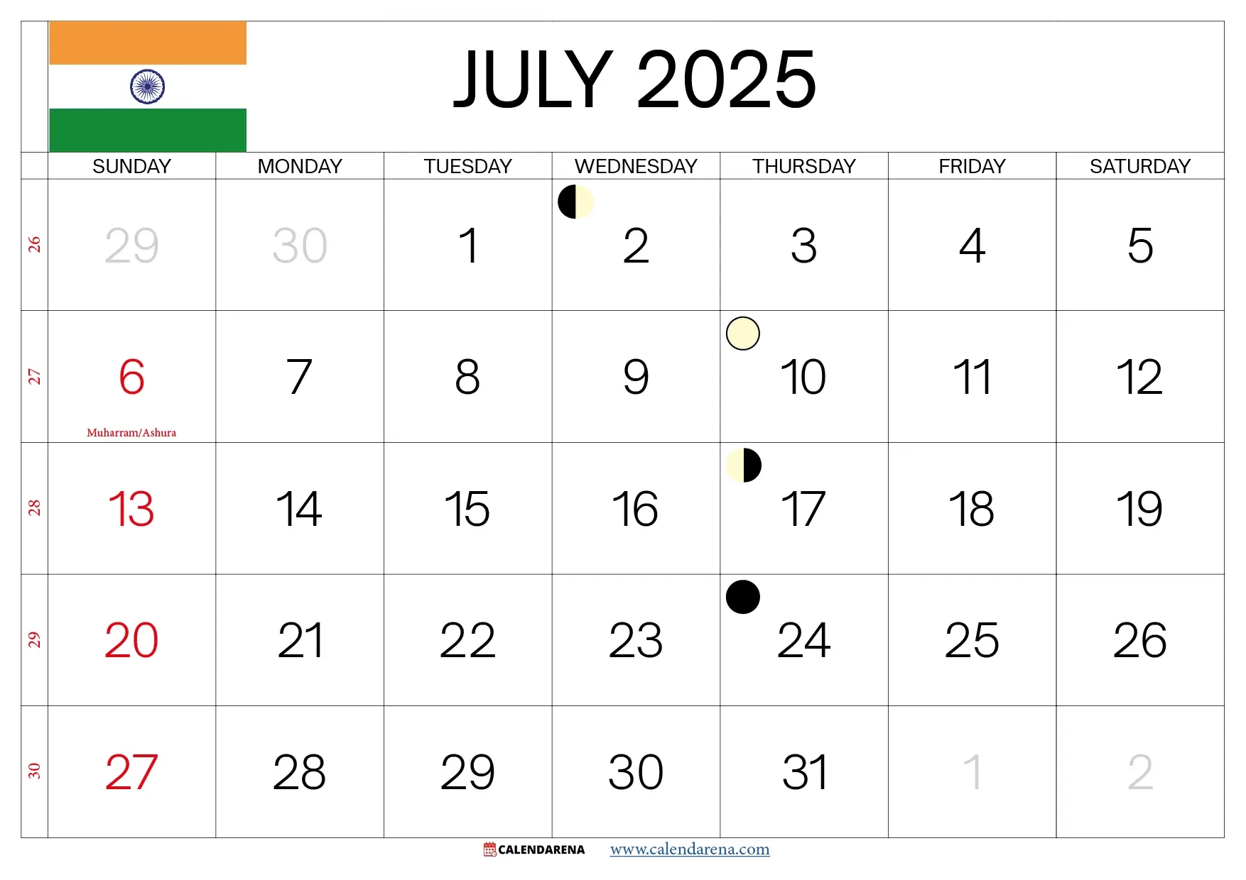 July 2025 Calendar India - Tamil Calendar 2025 July