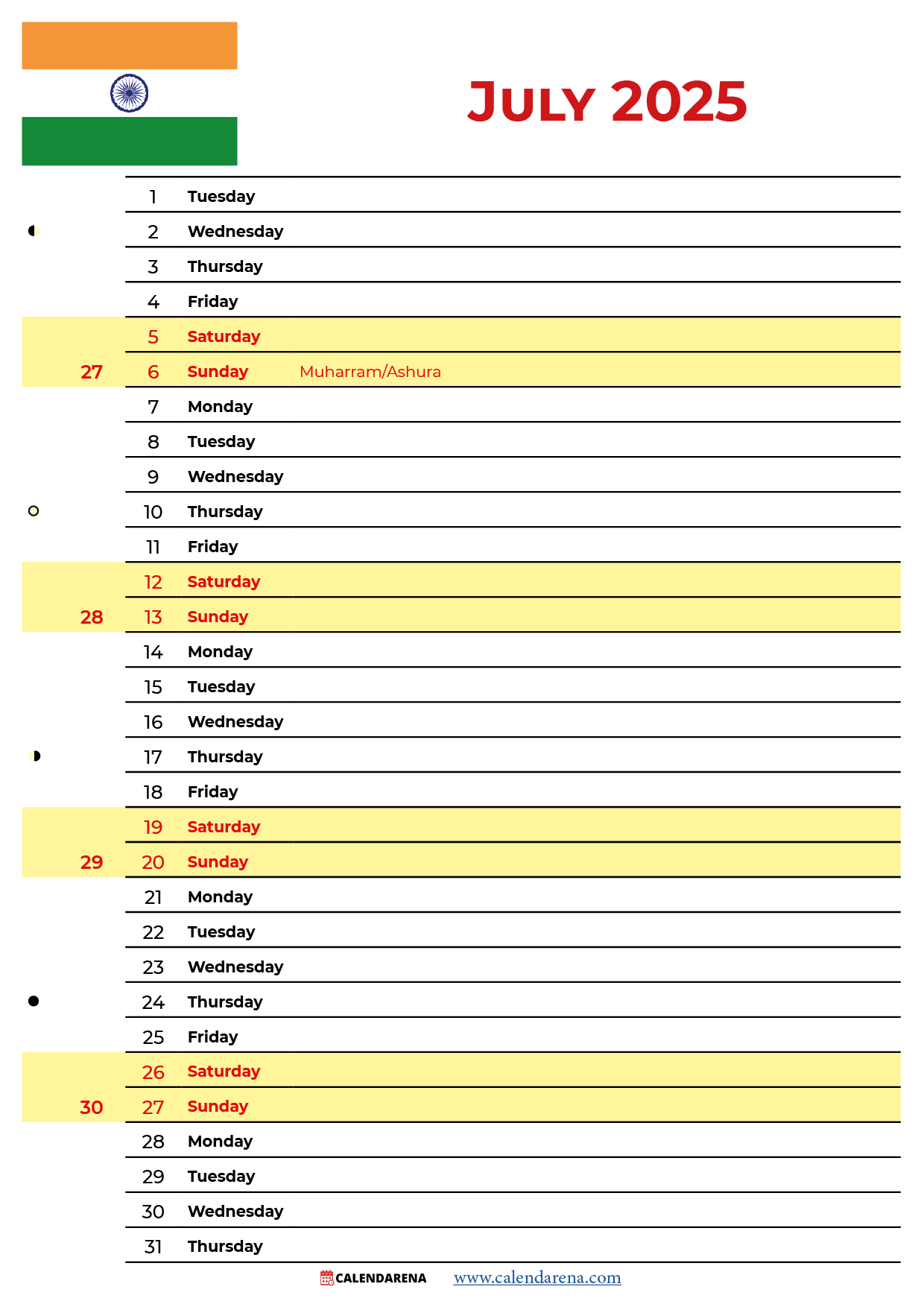 July 2025 Calendar India With Holidays - National Days In July 2025 Calendar