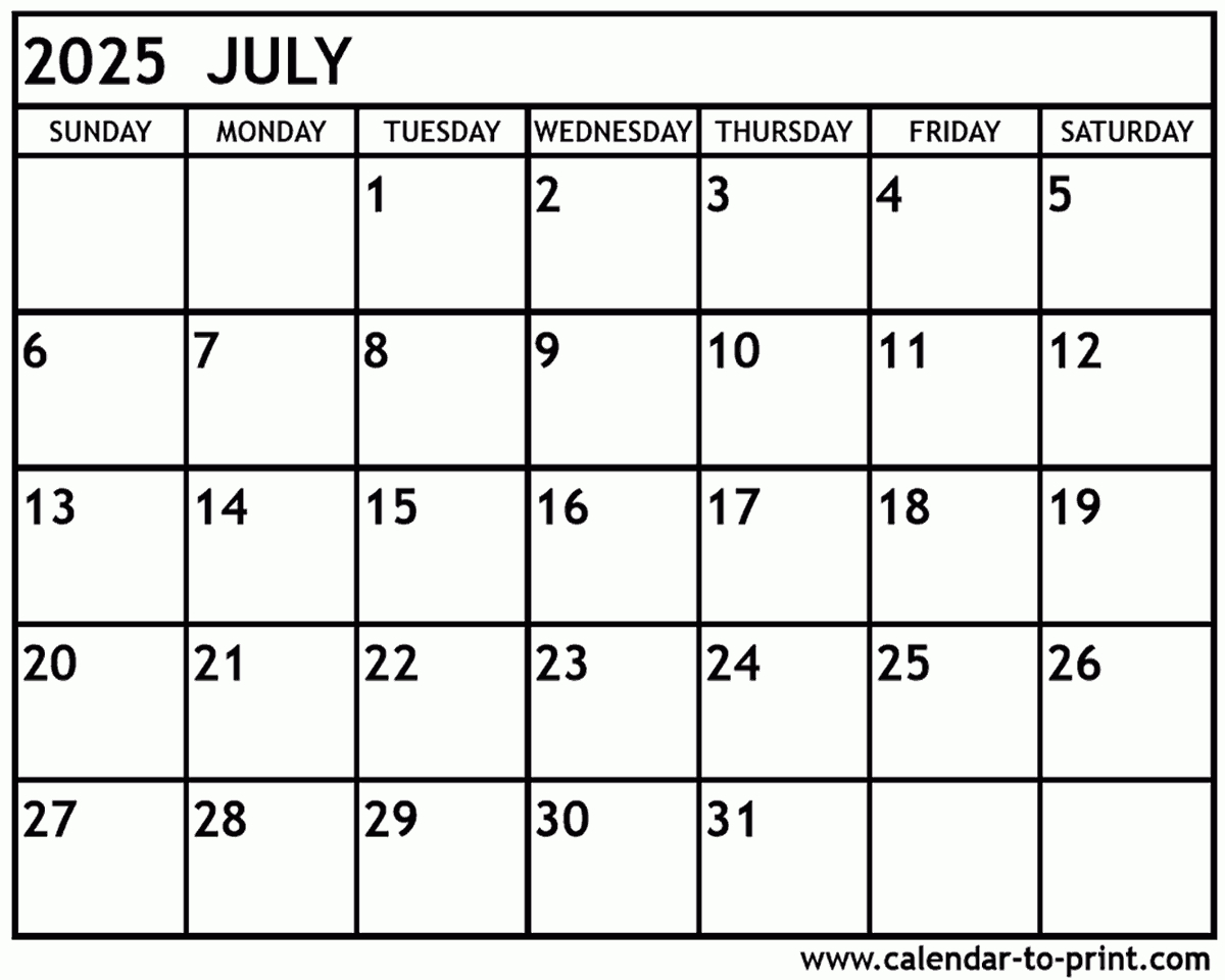 July 2025 Calendar Printable - 2025 July Printable Calendar