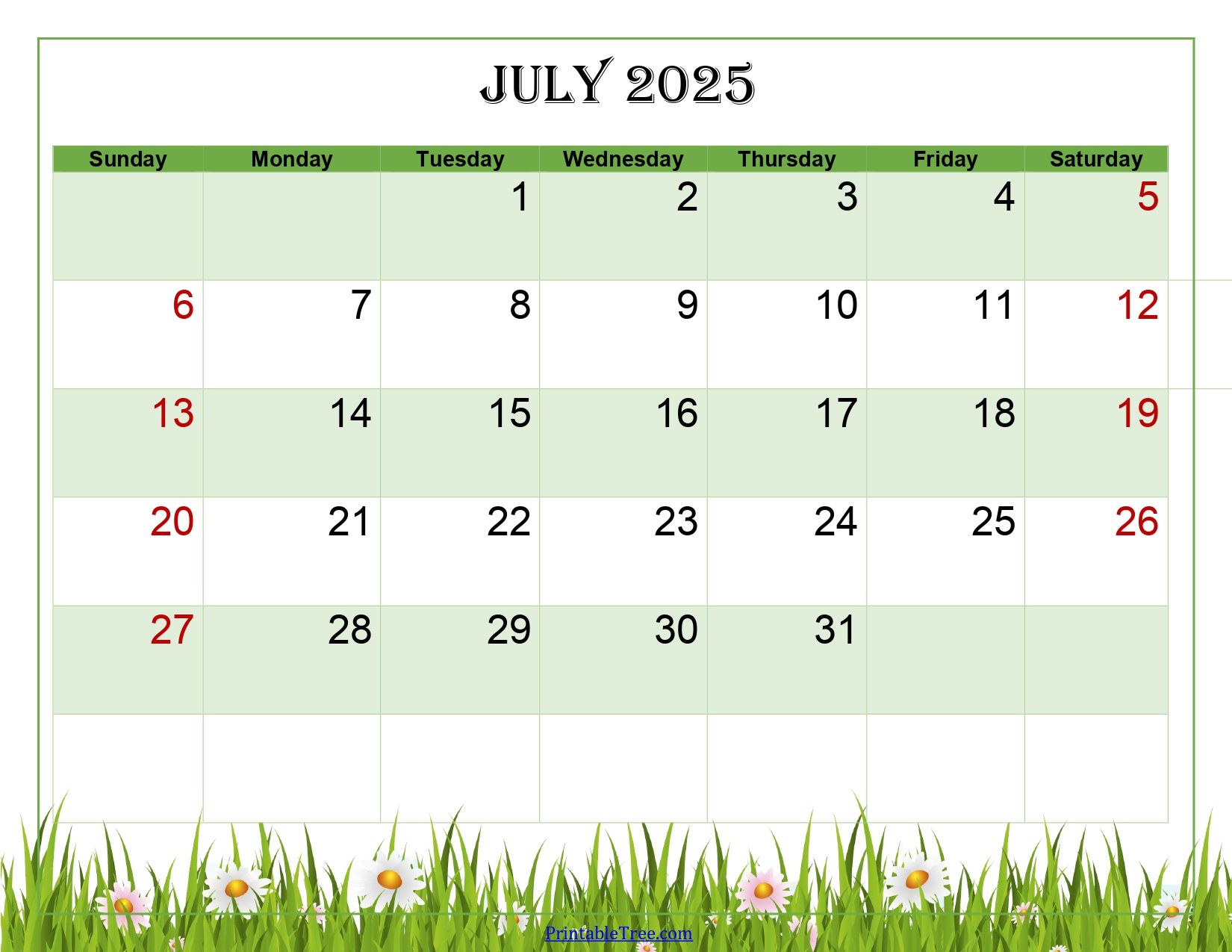 July 2025 Calendar Printable Pdf Template With Holidays - July 2025 Green Calendar