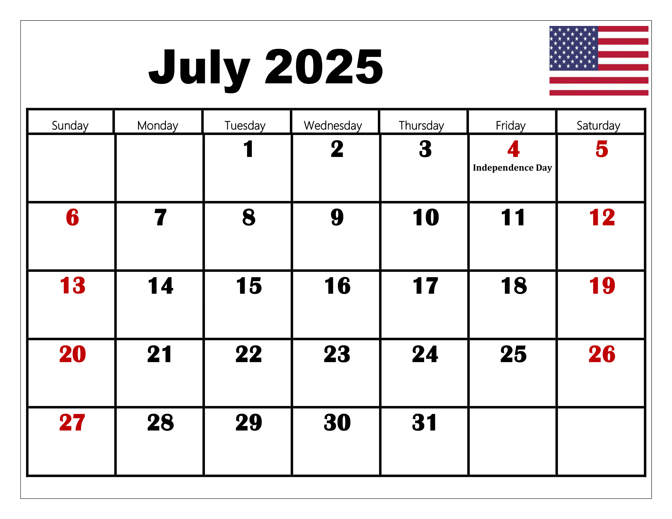 July 2025 Calendar Printable Pdf Template With Holidays - July 2025 Printable Calendar with Holidays