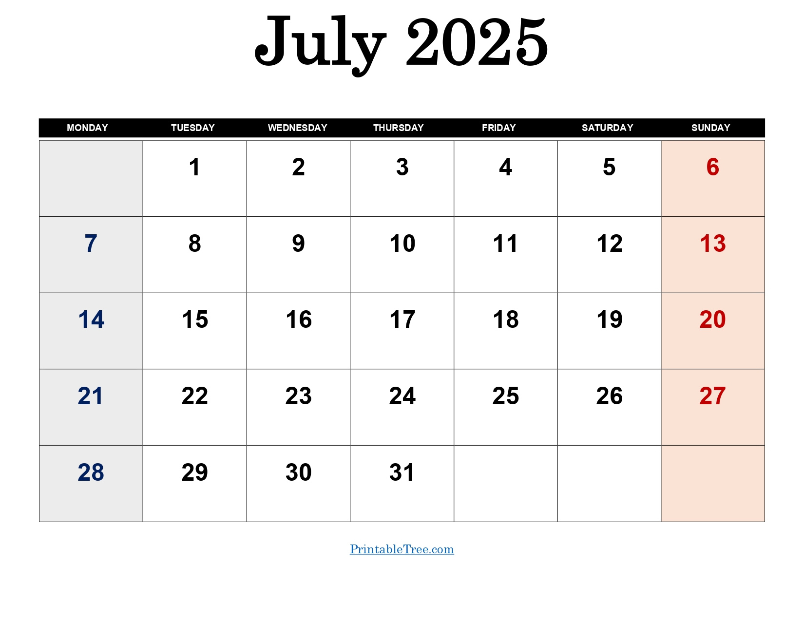 July 2025 Calendar Printable Pdf Template With Holidays - July Calendar 2025 Monday Start