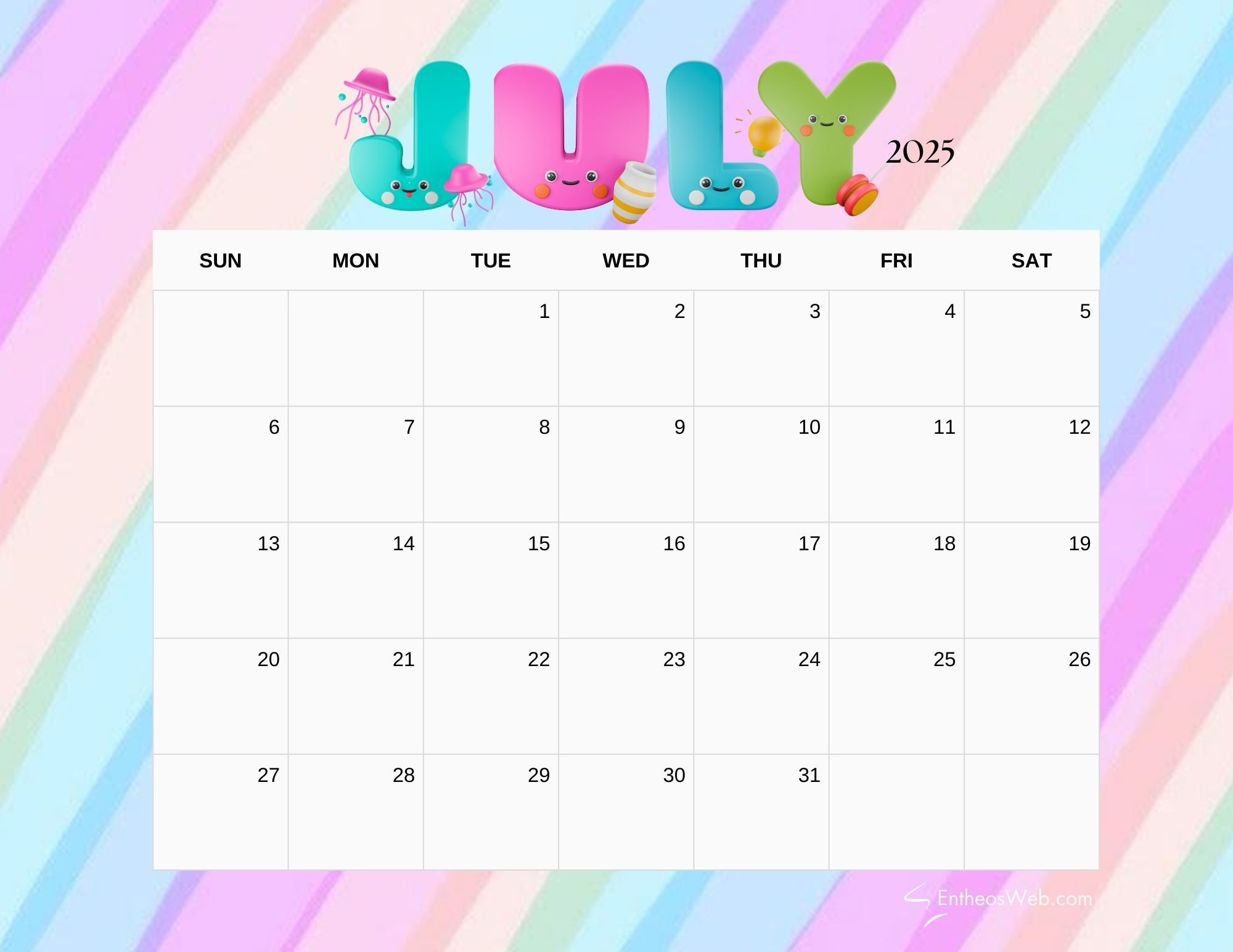 July 2025 Calendar Printables | Entheosweb - July 2025 Calendar Kids