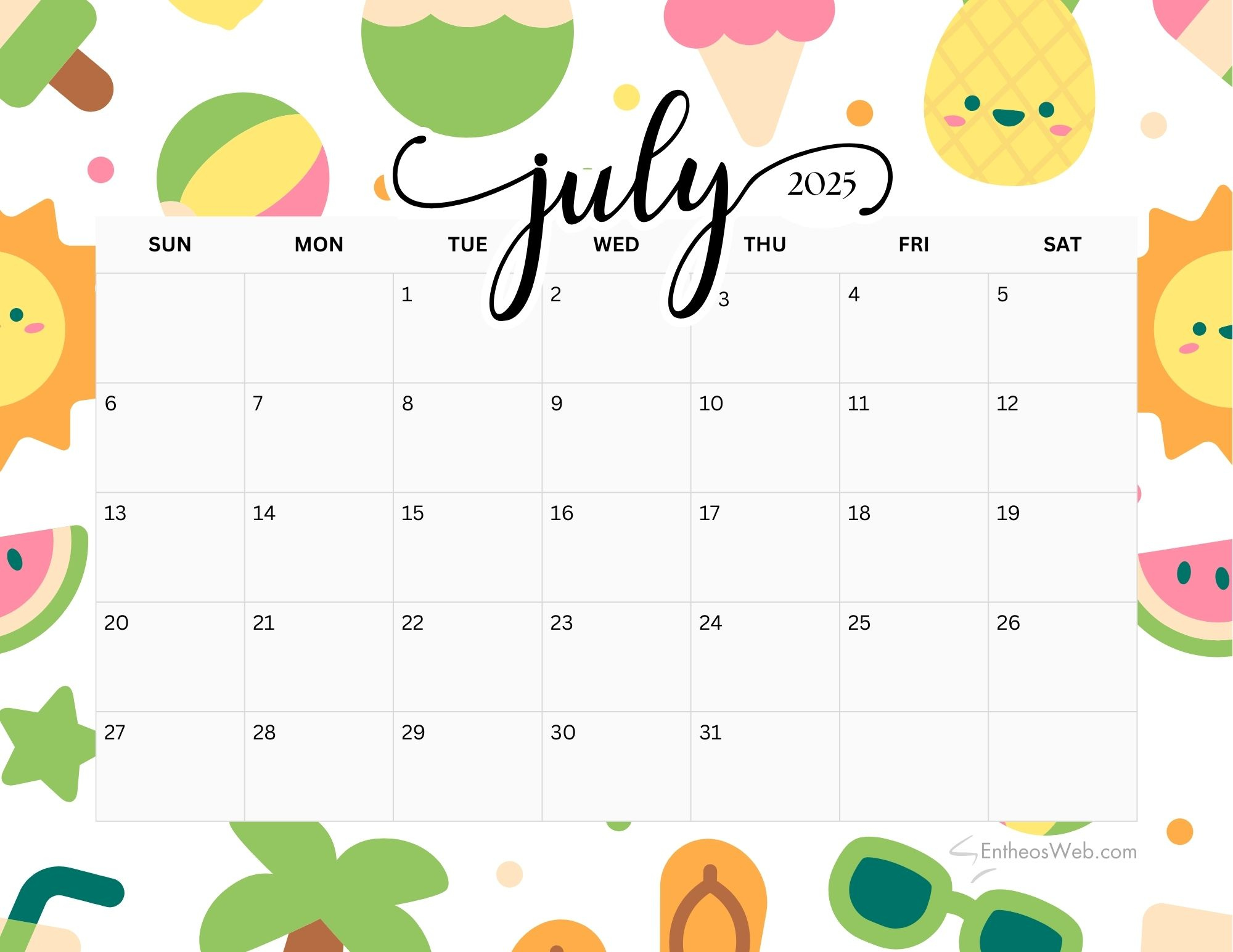 July 2025 Calendar Printables | Entheosweb - July Calendar 2025 Printable Cute