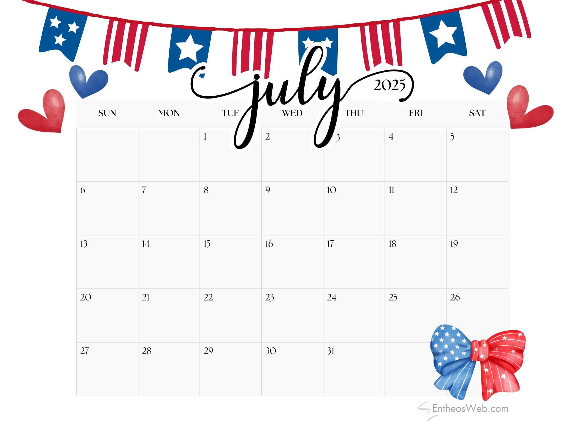 July 2025 Calendar Printables | Entheosweb - July Calendar 2025 Printable Free