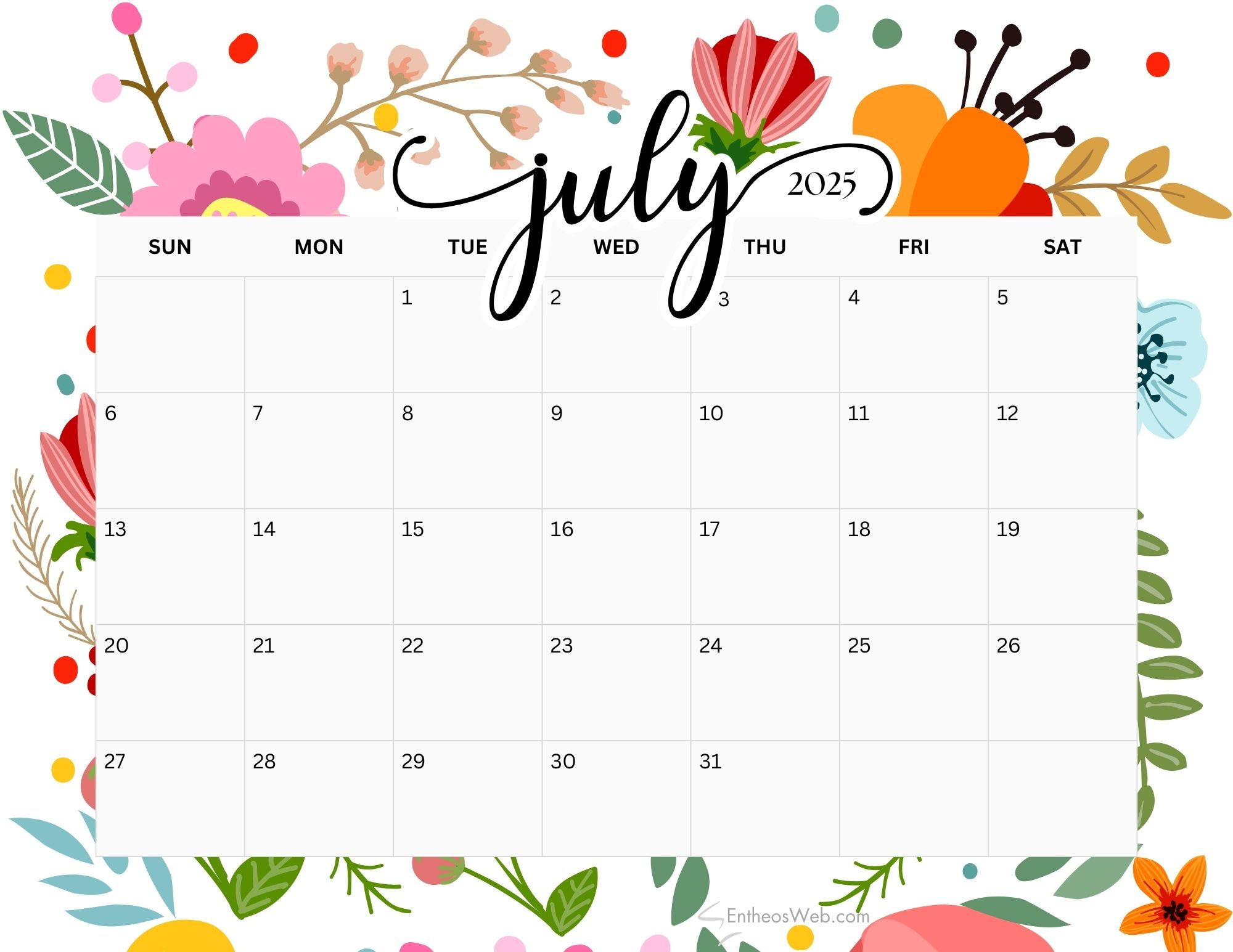 July 2025 Calendar Printables | Entheosweb - Monthly Calendar July 2025