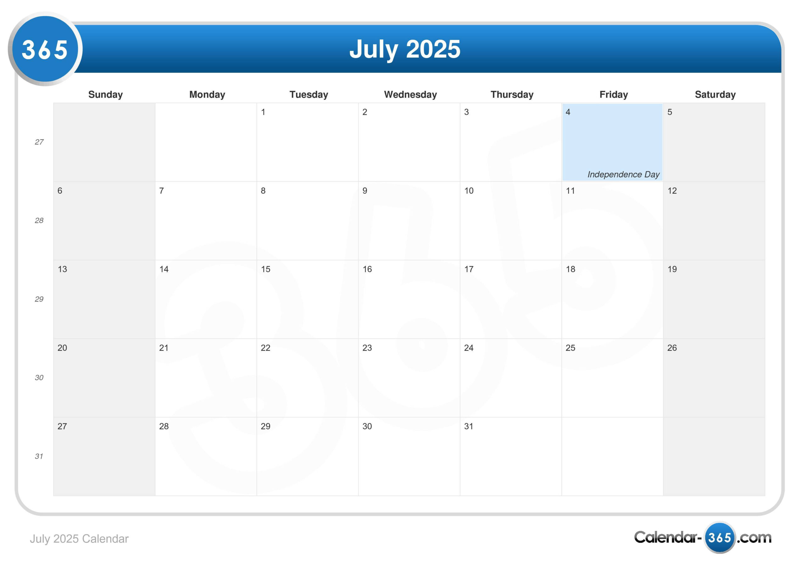 July 2025 Calendar - Vegas Calendar July 2025