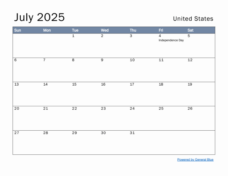 General Blue Printable Calendar July 2025