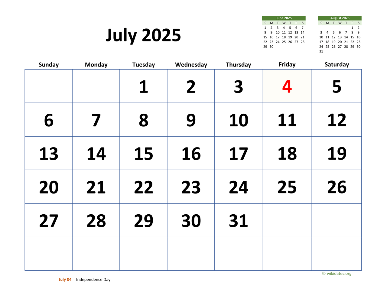July 2025 Calendar With Extra-Large Dates | Wikidates - July 2025 Wiki Calendar Printable Free