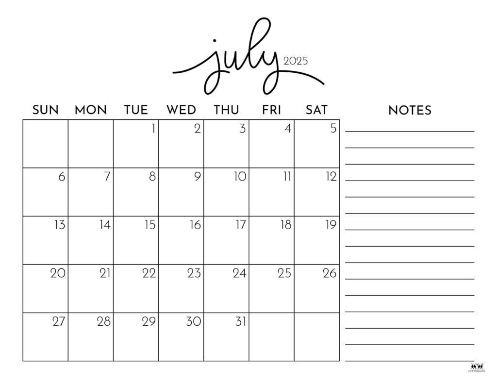 July 2025 Calendars - 107 Free Printables | Printabulls - July 2025 Calendar with Notes Printable