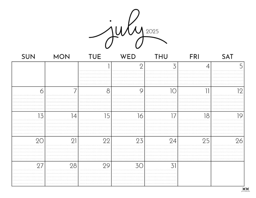 July 2025 Calendars - 107 Free Printables | Printabulls - July and July Printable Calendar 2025