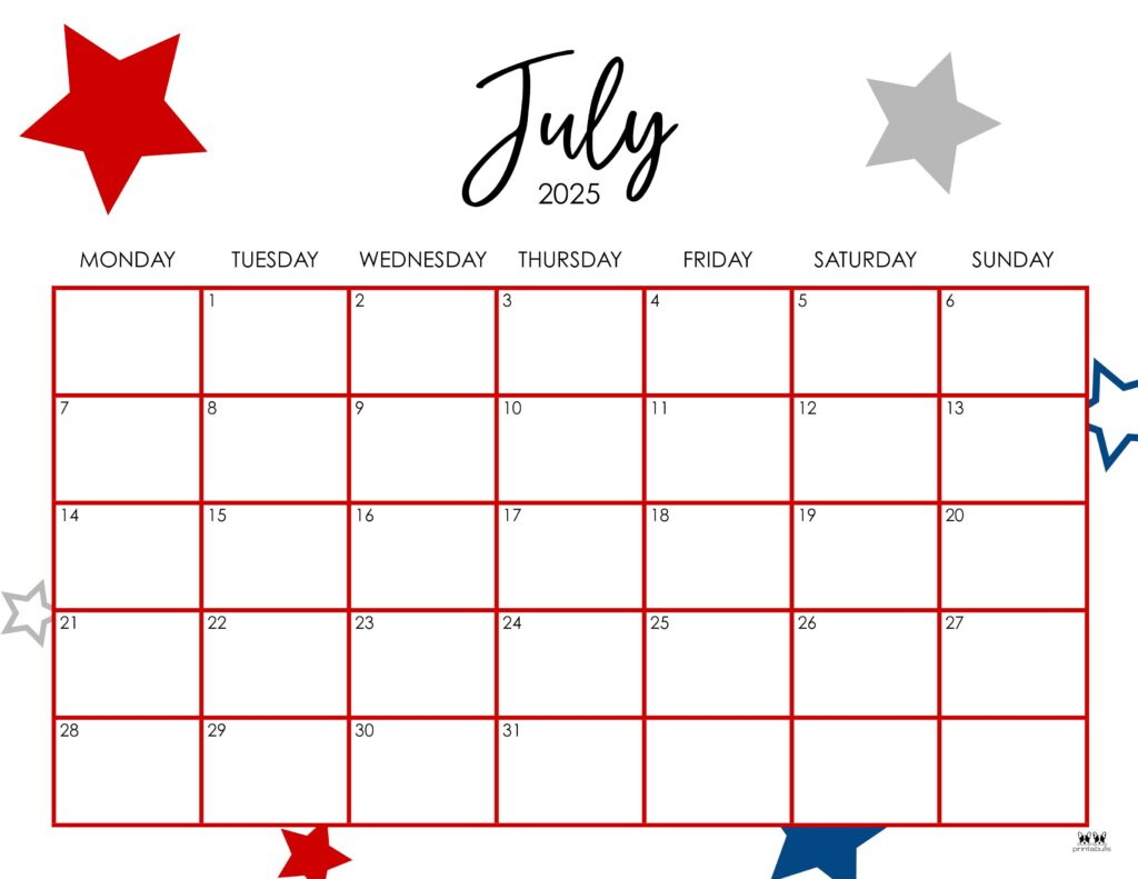 July 2025 Calendars - 107 Free Printables | Printabulls - Monthly Calendar July 2025