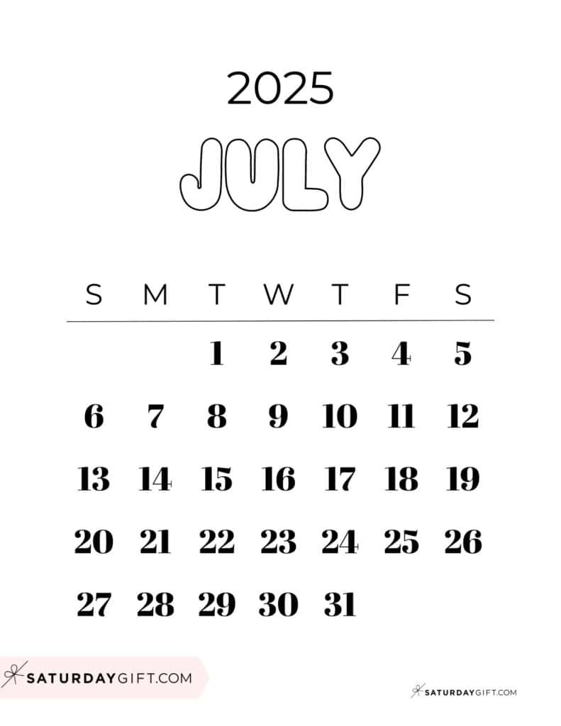 July 2025 Calendars - 23 Cute Free Printable Pdfs | Saturdaygift - July 13 2025 Calendar