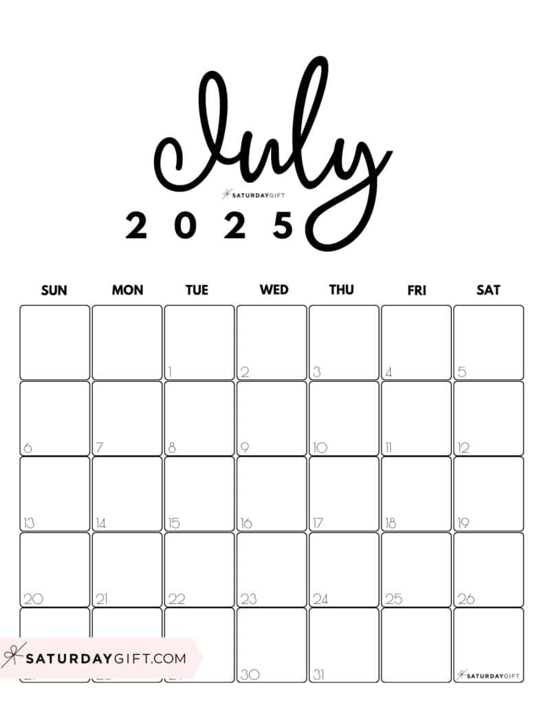 July 2025 Calendars - 23 Cute Free Printable Pdfs | Saturdaygift - July 2025 Calendar Printable Countdown