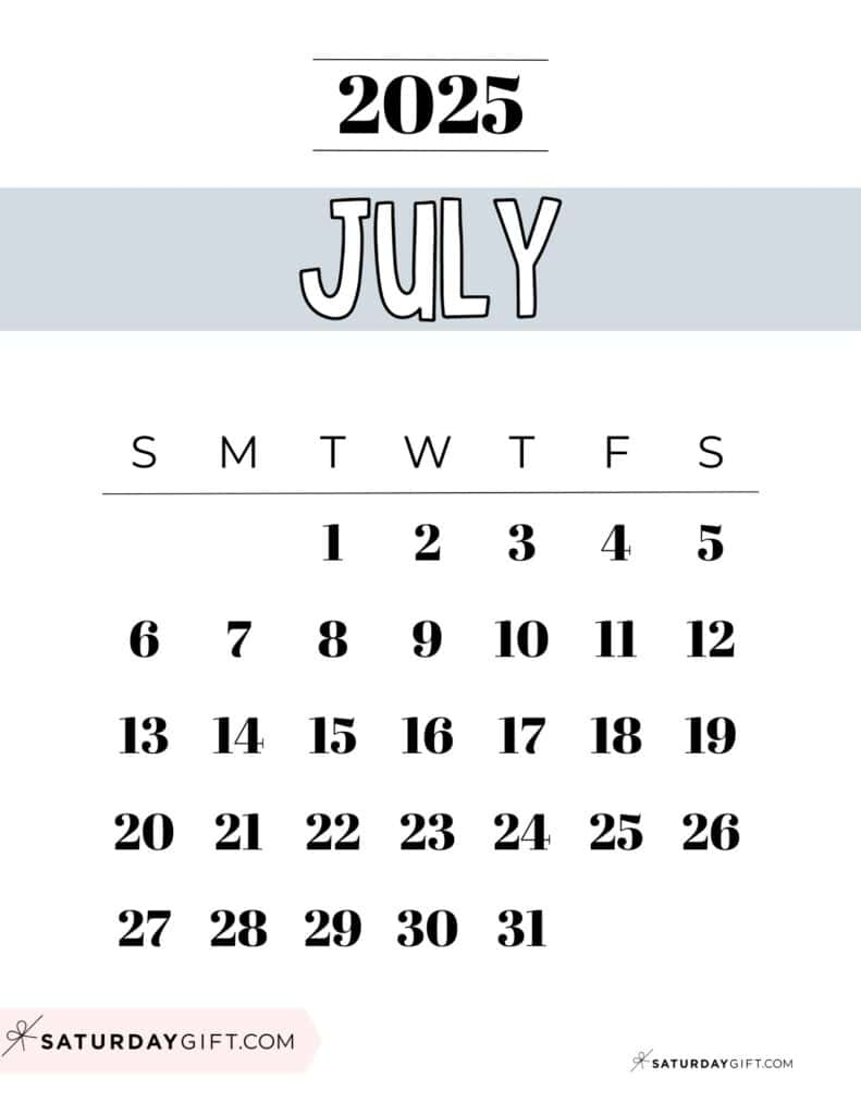 July 2025 Calendars - 23 Cute Free Printable Pdfs | Saturdaygift - July 2025 Calendar Printable Countdown