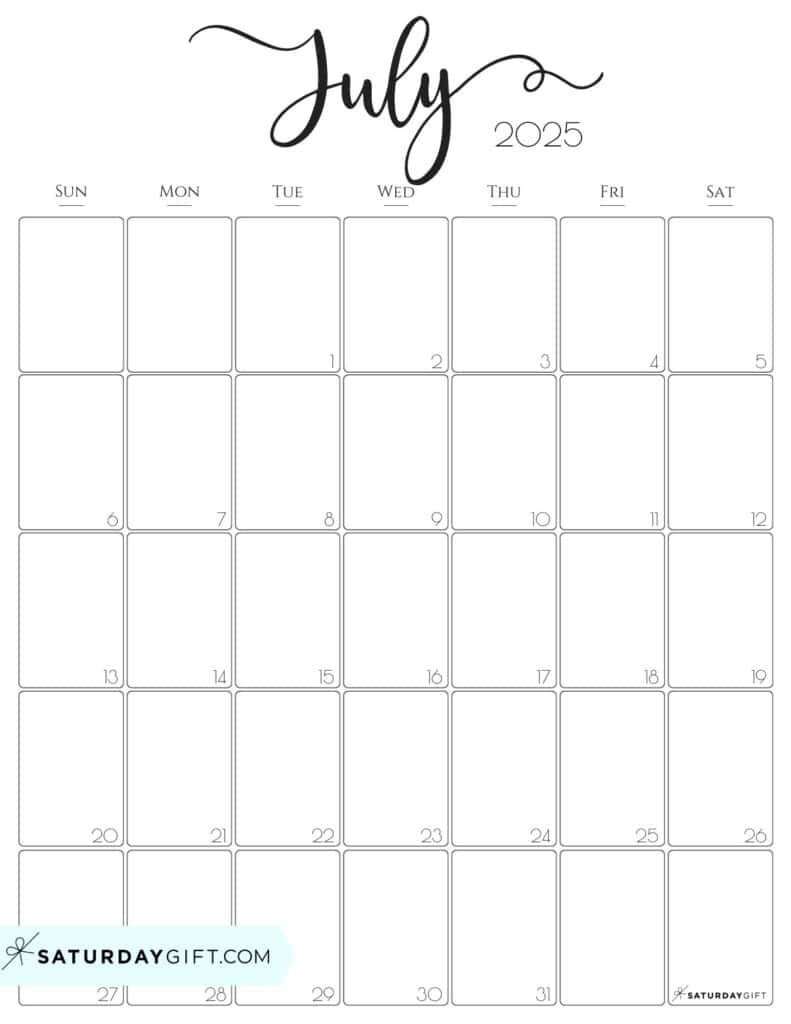 July 2025 Calendars - 23 Cute Free Printable Pdfs | Saturdaygift - July 2025 Calendar Vertical