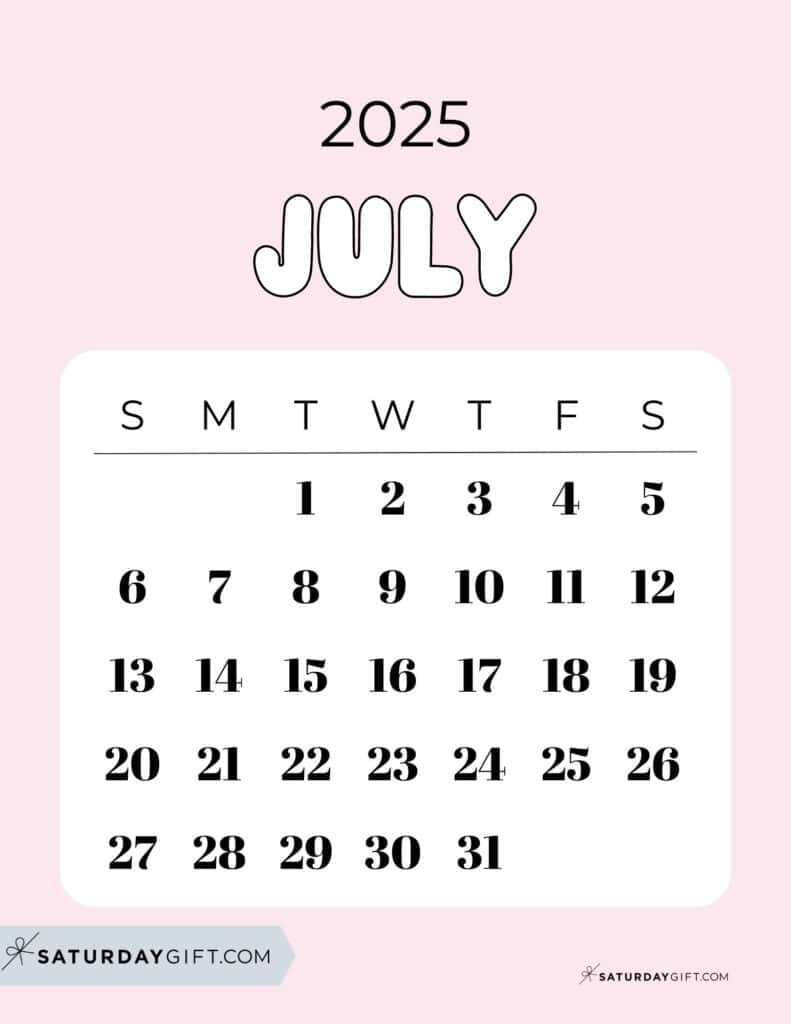 July 2025 Calendars - 23 Cute Free Printable Pdfs | Saturdaygift - Show Me A Calendar For July 2025