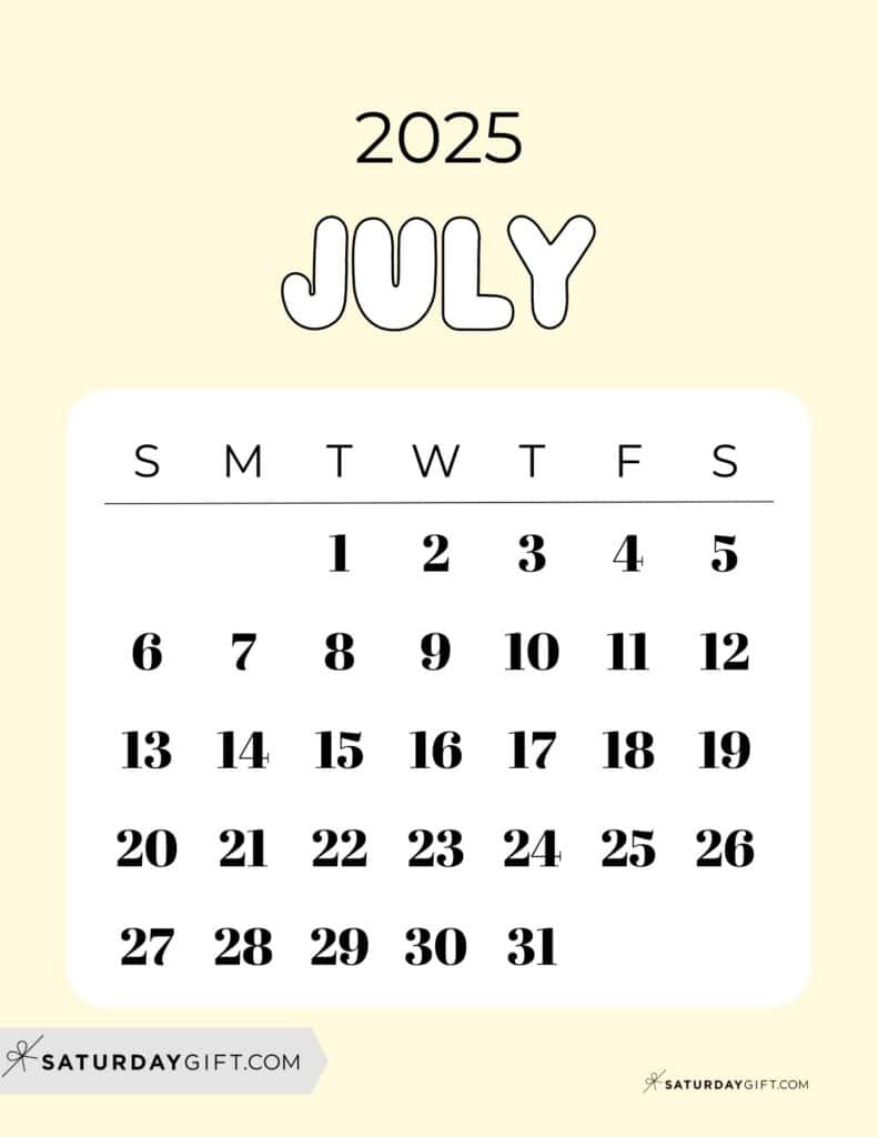 July 2025 Calendars - 23 Cute Free Printable Pdfs | Saturdaygift - Show Me A Calendar Of July 2025