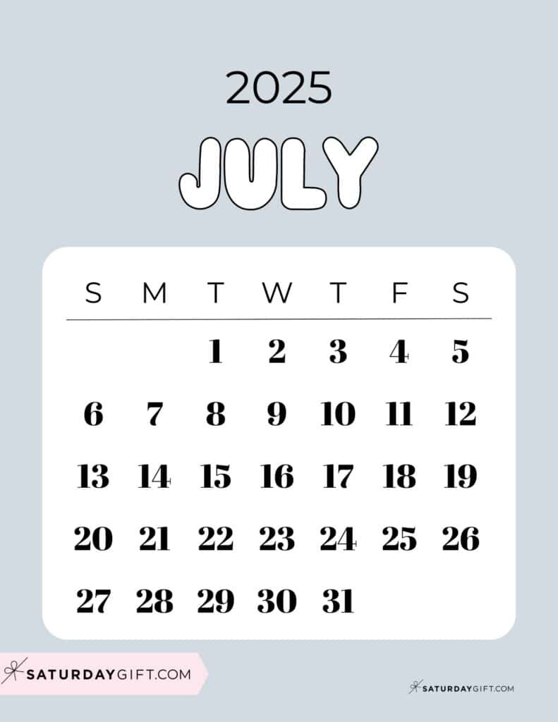 July 2025 Calendars - 23 Cute Free Printable Pdfs | Saturdaygift - Show Me July Calendar 2025