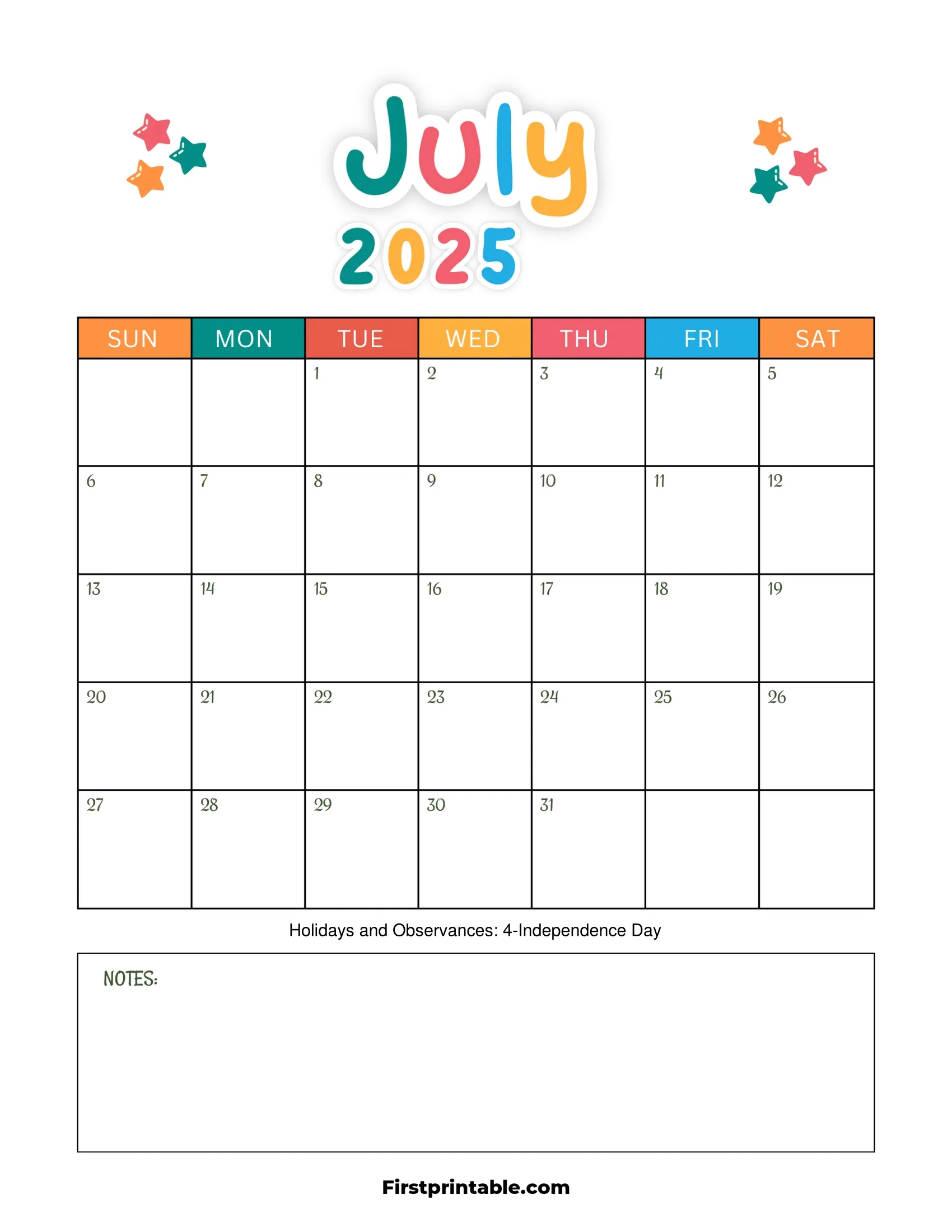 July 2025 Calendars - Free Printable &amp;amp; Fillable - July 2025 Calendar Kids