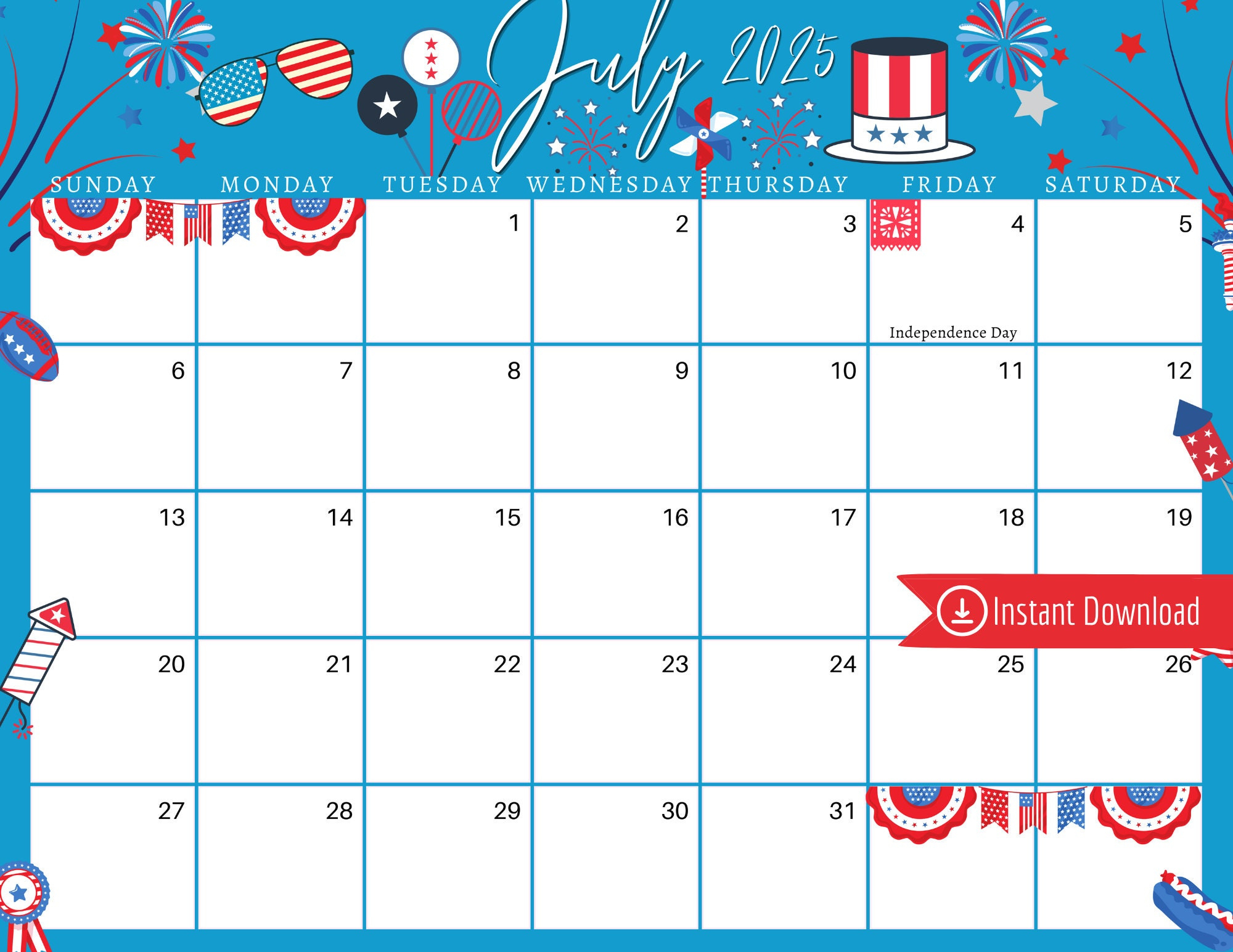 July 2025 Digital Calendar - Blue 4Th Of July Planner Editable - July 4 2025 Calendar