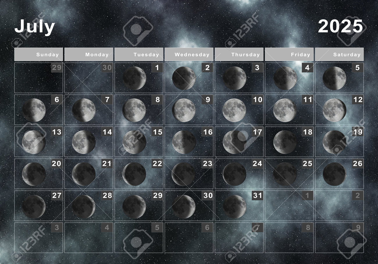July 2025 Lunar Calendar, Moon Cycles, Moon Phases Stock Photo - Full Moon Calendar For July 2025