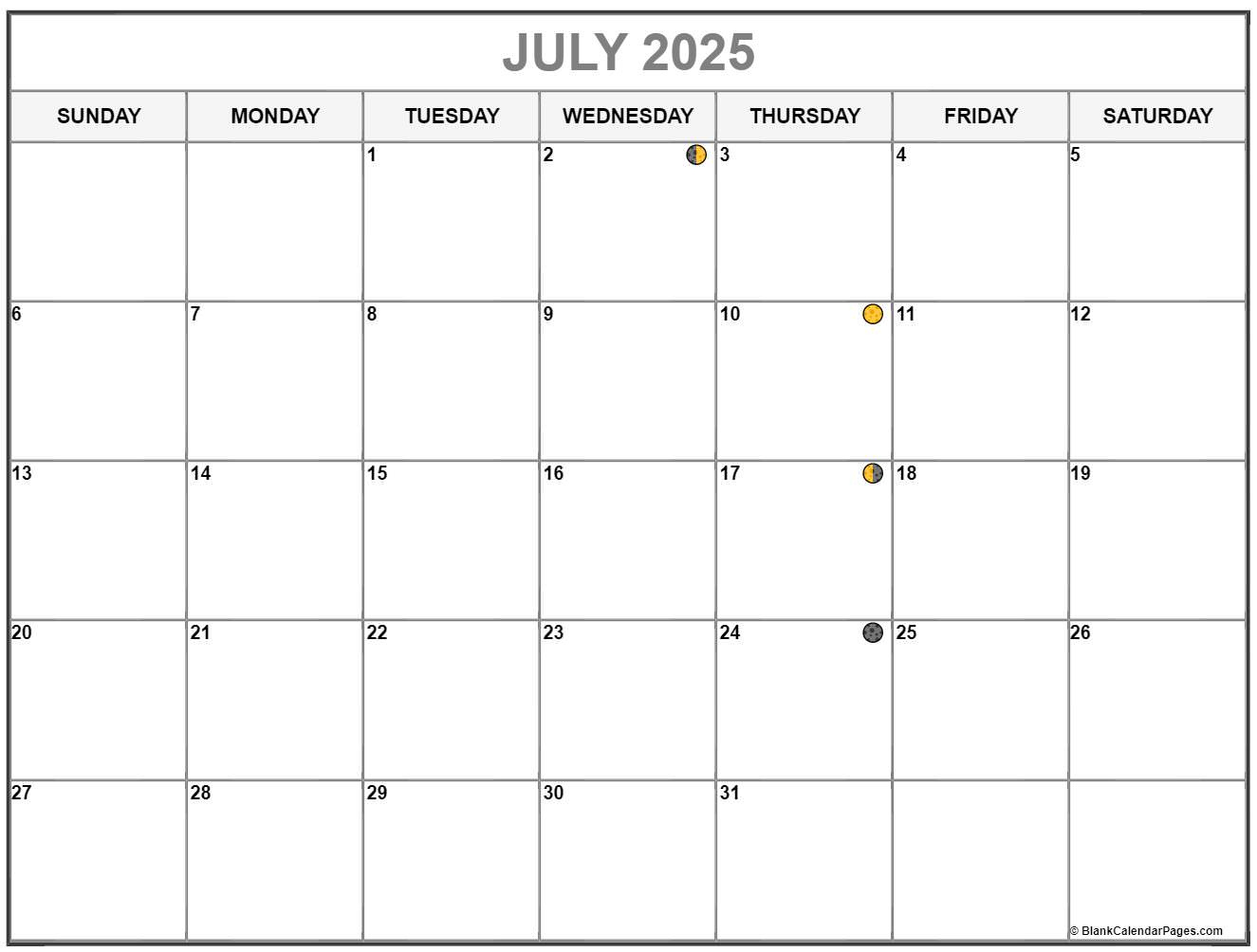 July 2025 Lunar Calendar | Moon Phase Calendar - Moon Phase Calendar July 2025