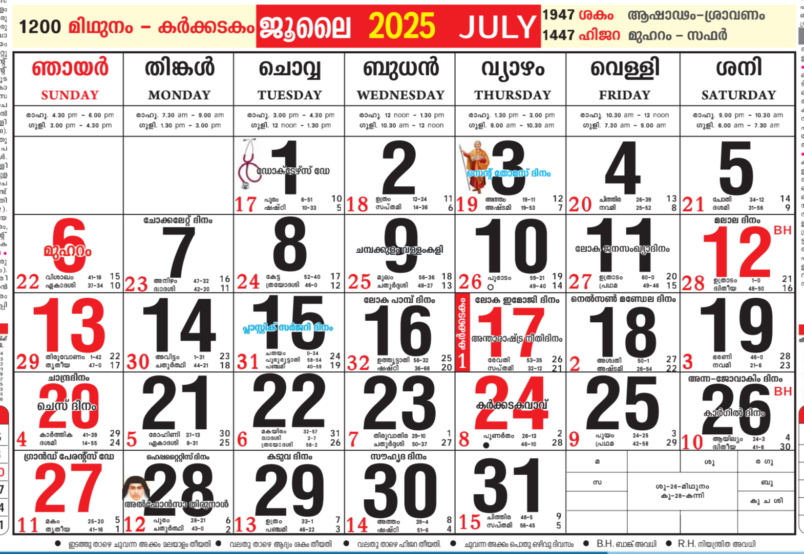 July 2025 Malayalam Calendar Festival, Tithi, Tiwar And Other - July Calendar 2025 Malayalam