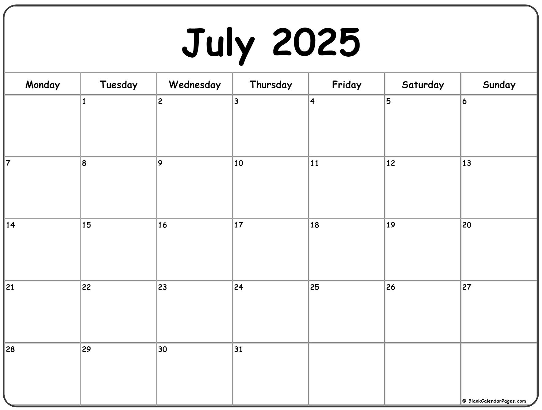 July 2025 Monday Calendar | Monday To Sunday - July Calendar 2025 Monday Start
