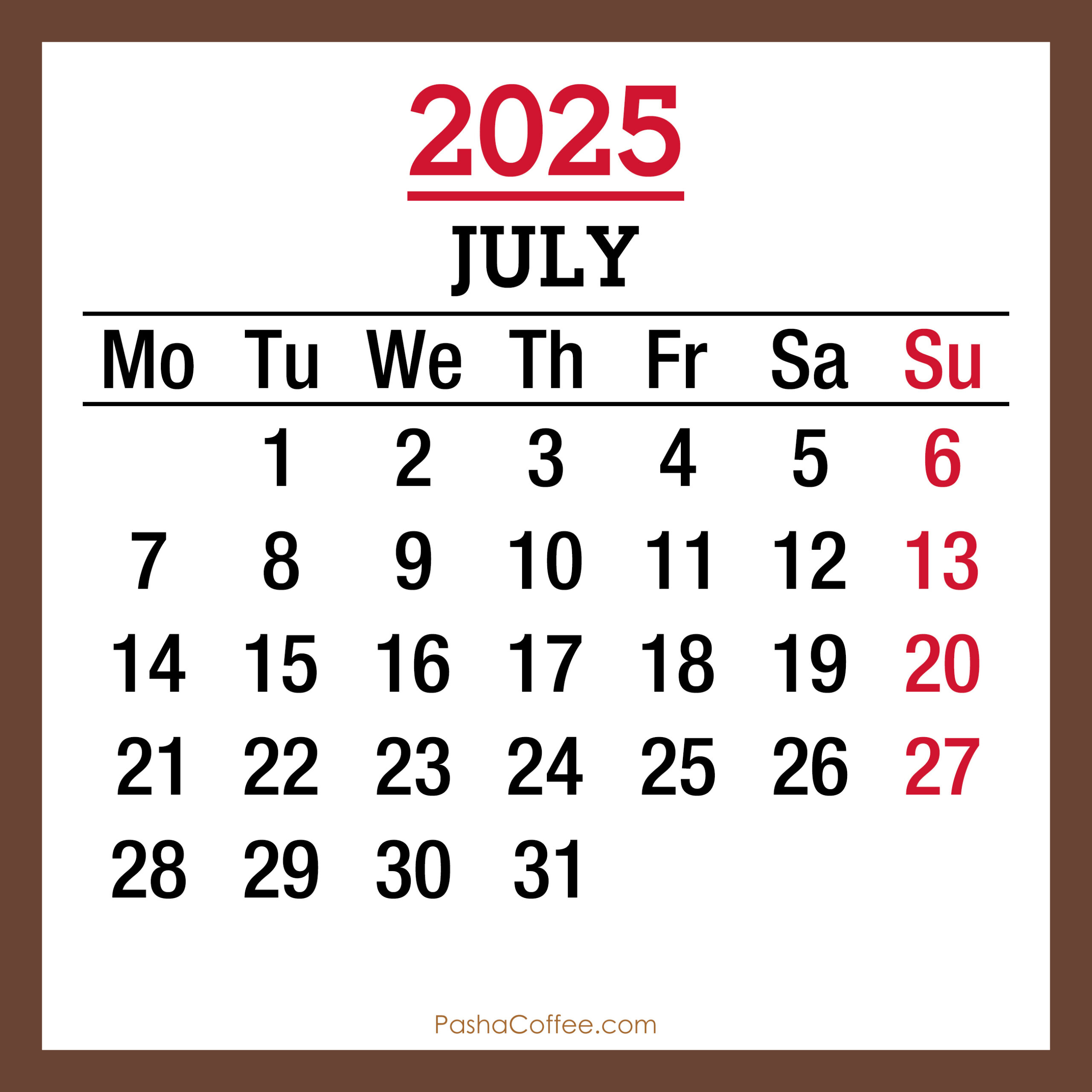 July 2025 Monthly Calendar, Printable Free, Brown, Monday Start - July Calendar 2025 Monday Start