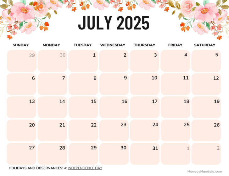 July 2025 Calendar Monday Start