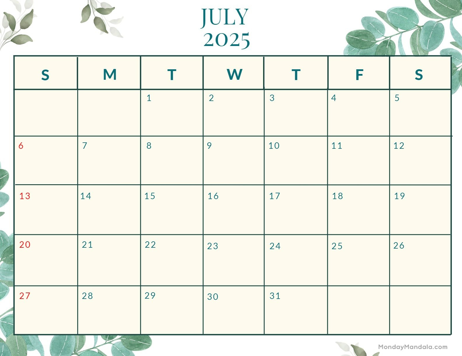 July 2025 Printable Calendar (52 Free Pdf Printables) - July 2025 Green Calendar