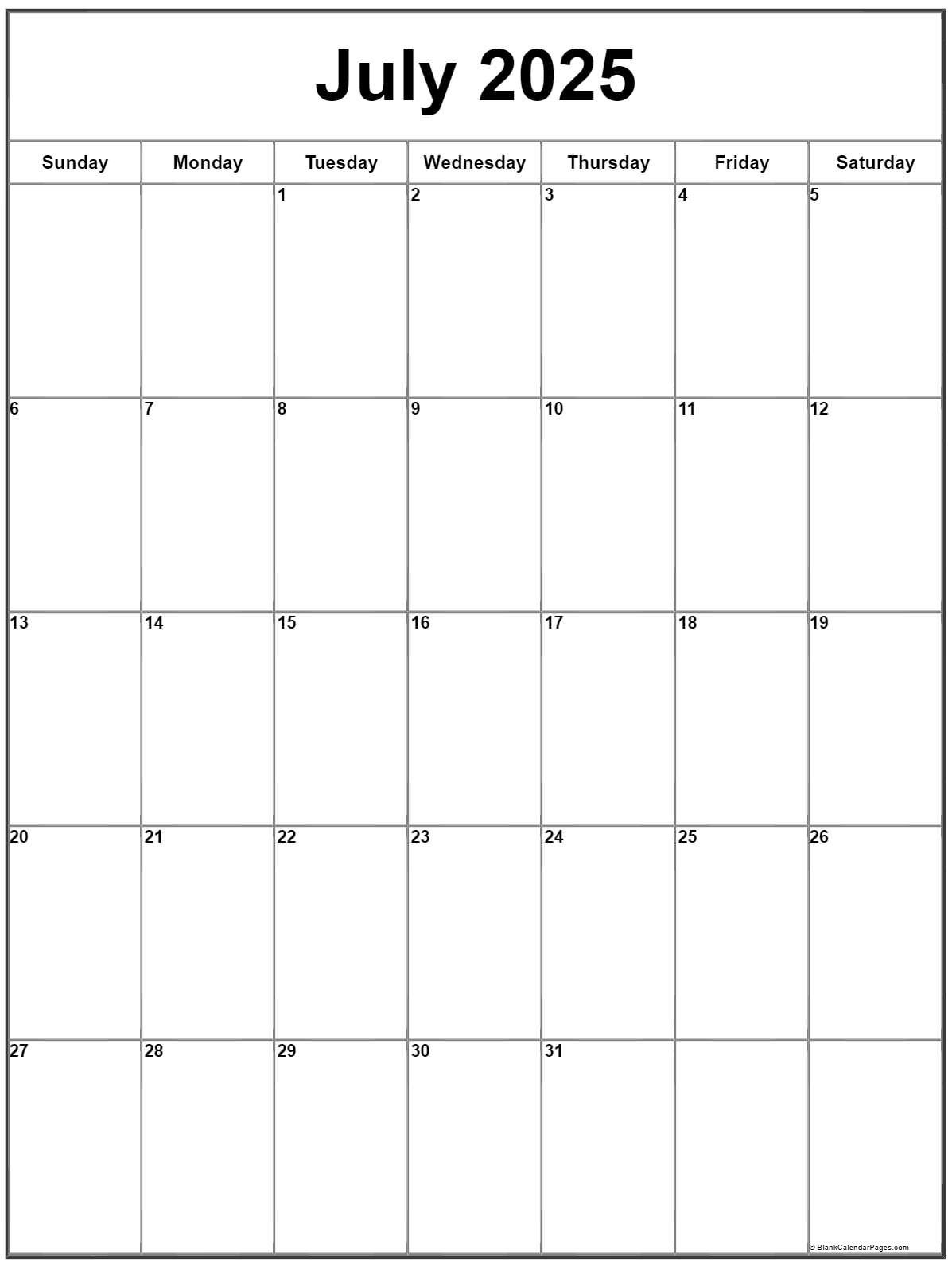 July 2025 Vertical Calendar | Portrait - July 2025 Calendar Vertical
