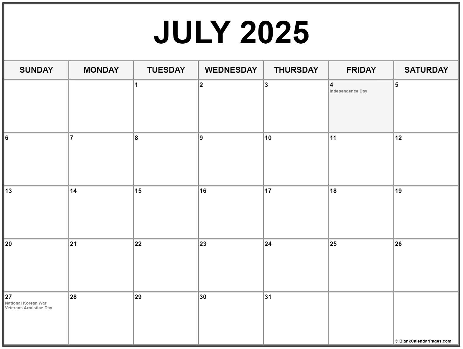 July 2025 With Holidays Calendar - July 2025 Printable Calendar with Holidays