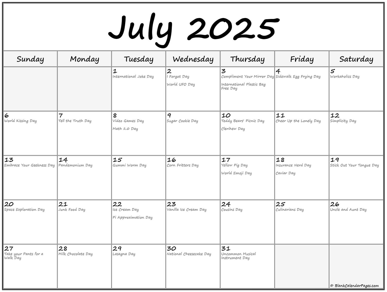 July 2025 With Holidays Calendar - National Calendar July 2025