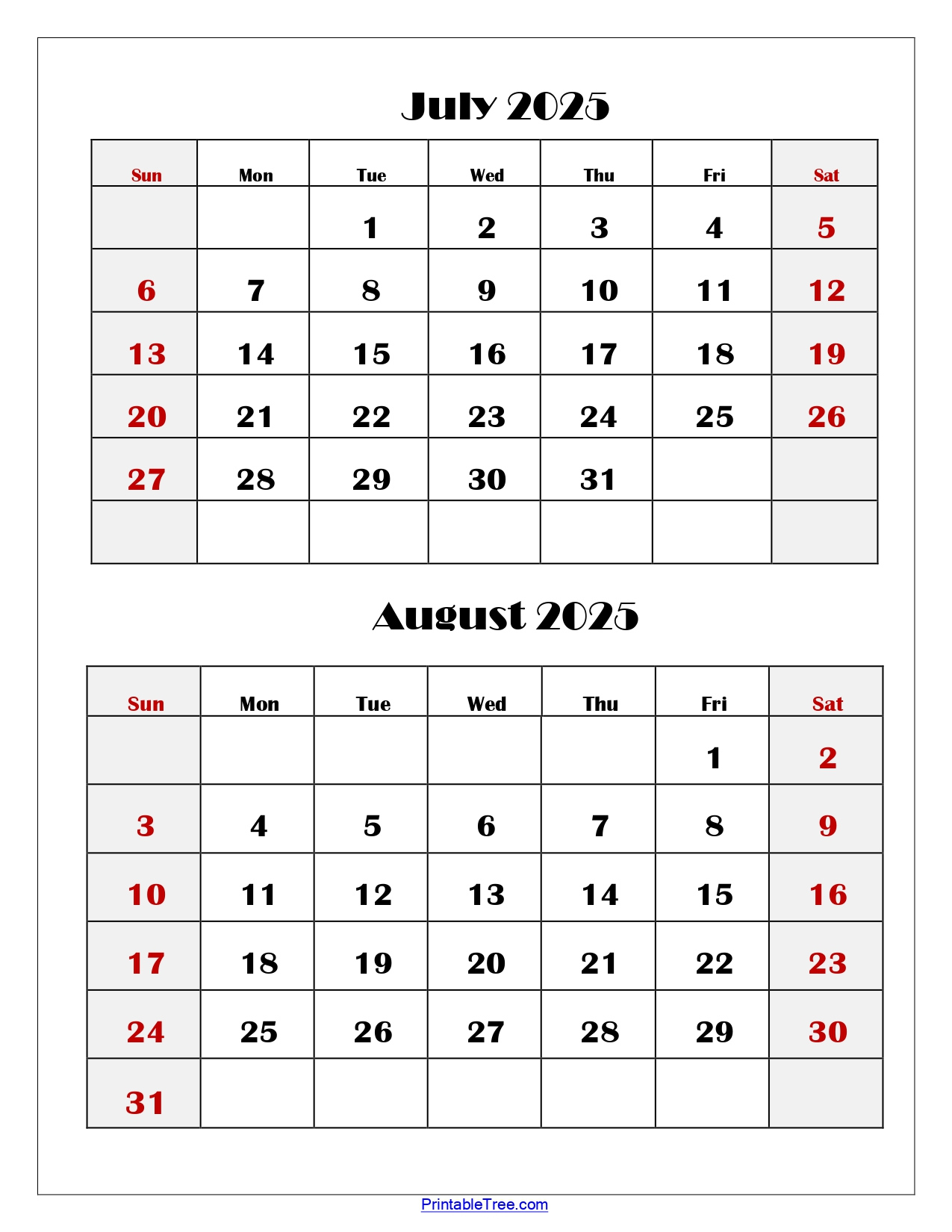 July And August 2025 Calendar Printable Pdf | Two Months Calendar - July August 2025 Calendar