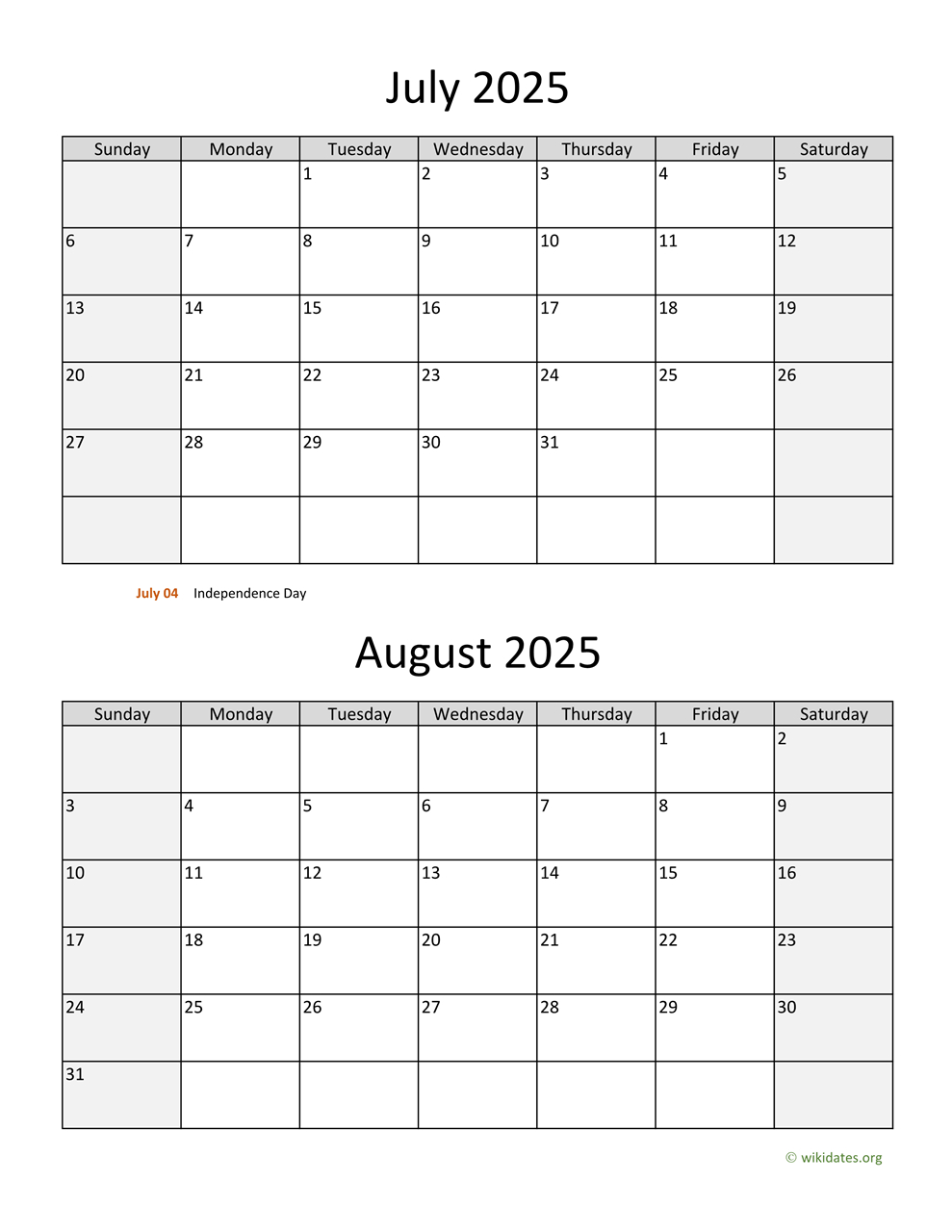 July And August 2025 Calendar | Wikidates - July And August Printable Calendar 2025