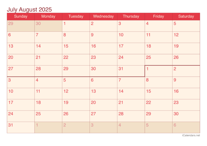 August 2025 July 2025 Printable Calendar