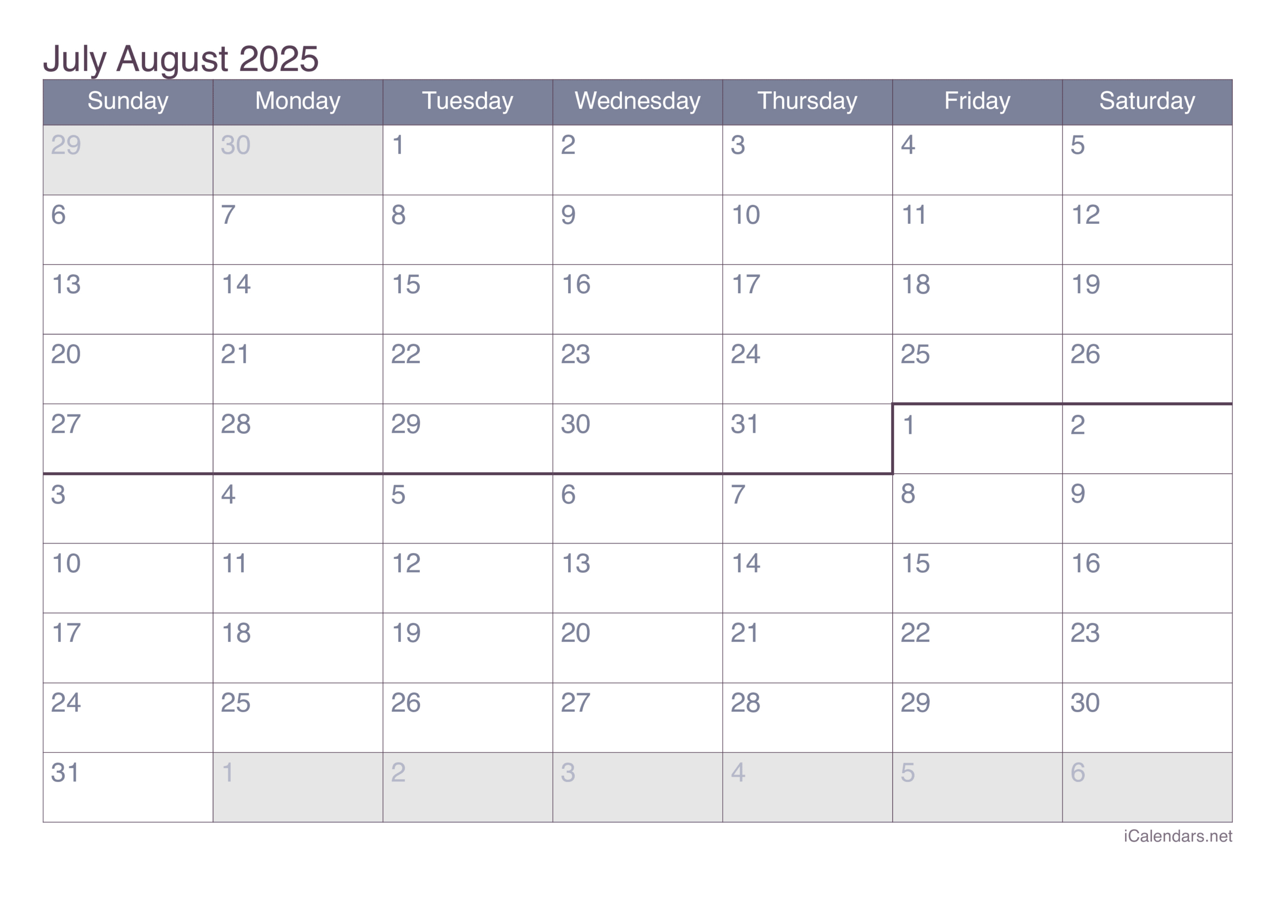 July And August 2025 Printable Calendar - July And August Printable Calendar 2025
