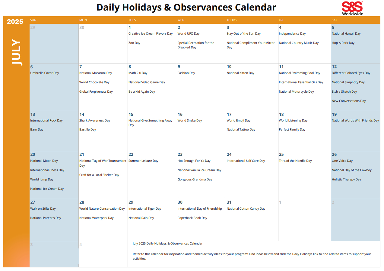 July Daily Holidays &amp;amp; Observances Printable Calendar - S&amp;amp;S Blog - July National Days Calendar 2025