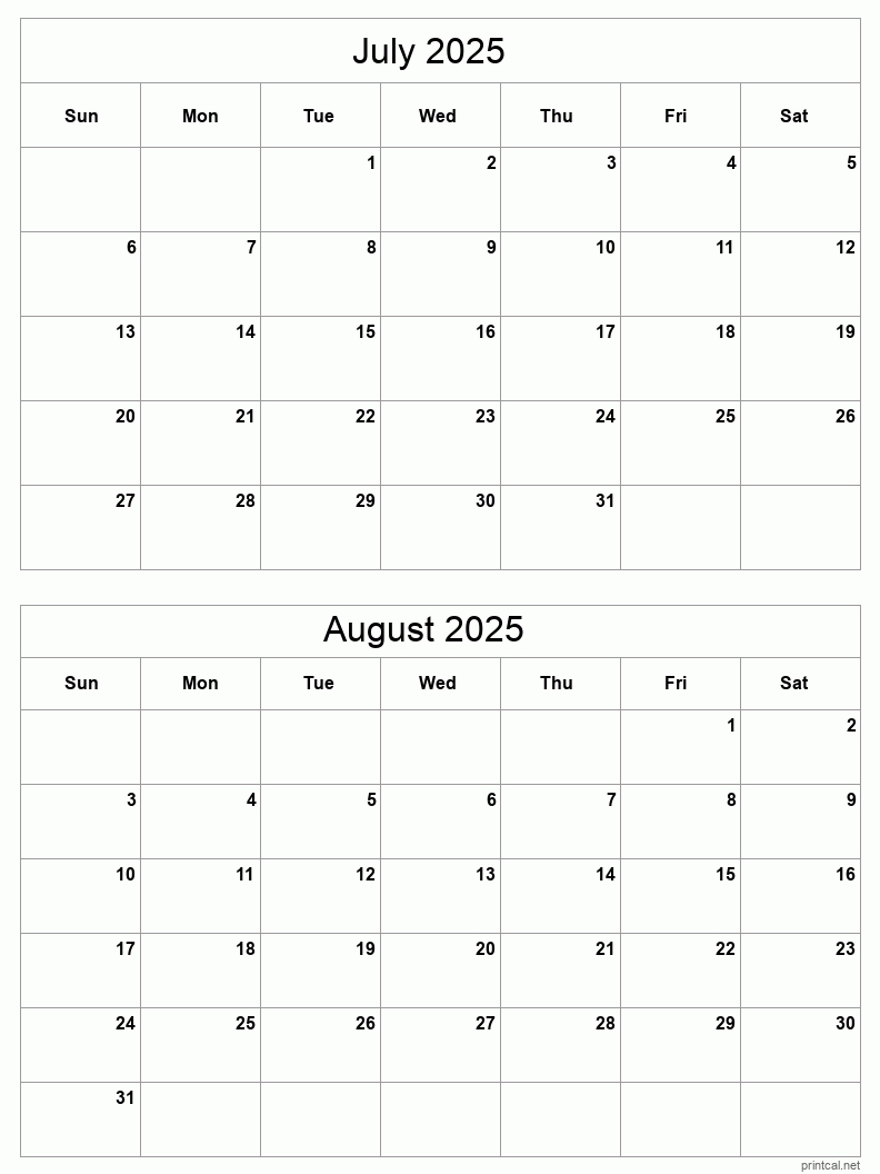 July To August 2025 Printable Calendar | Two Months Per Page - Free Printable Calendar 2025 2 Months Per Page