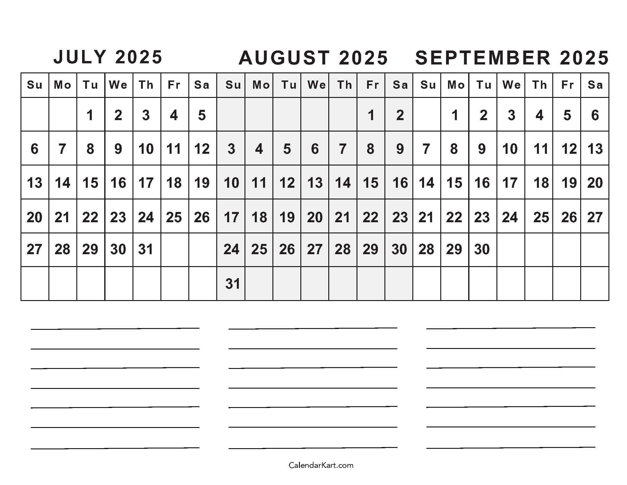July To September 2025 Calendar (Q3) - Calendarkart - July Aug Sept 2025 Calendar Printable