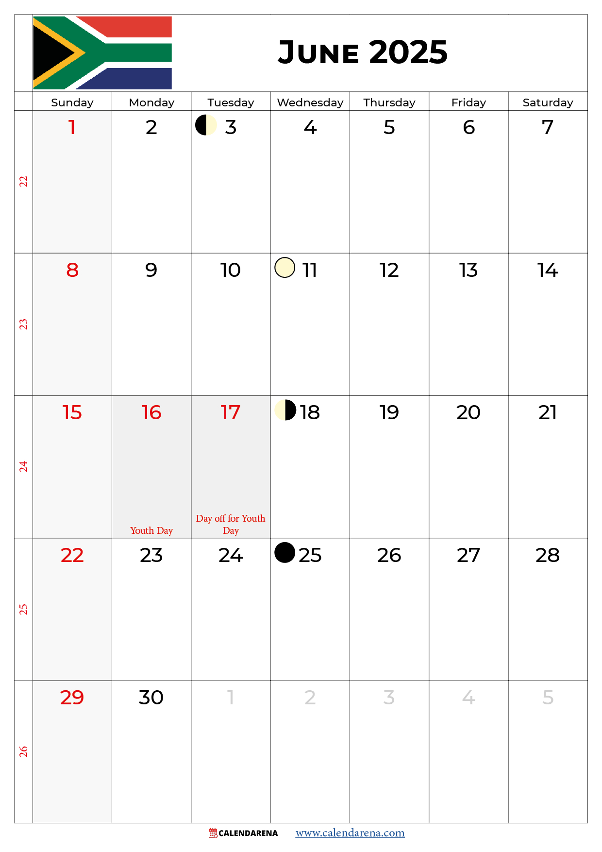 June 2025 Calendar South Africa - Printable Calendar 2025 South Africa Download