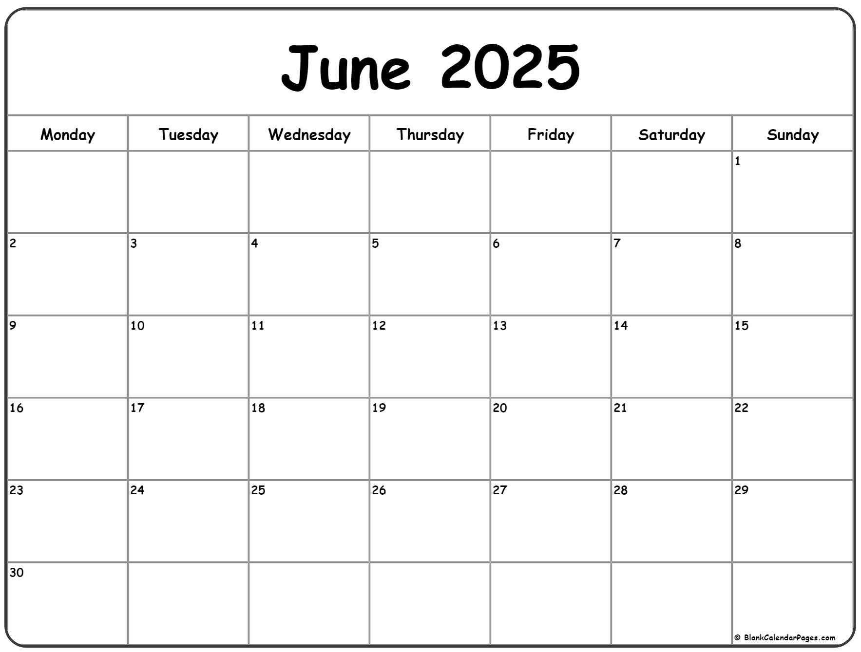 June 2025 Monday Calendar | Monday To Sunday - Printable Calendar 2025 Monday to Sunday
